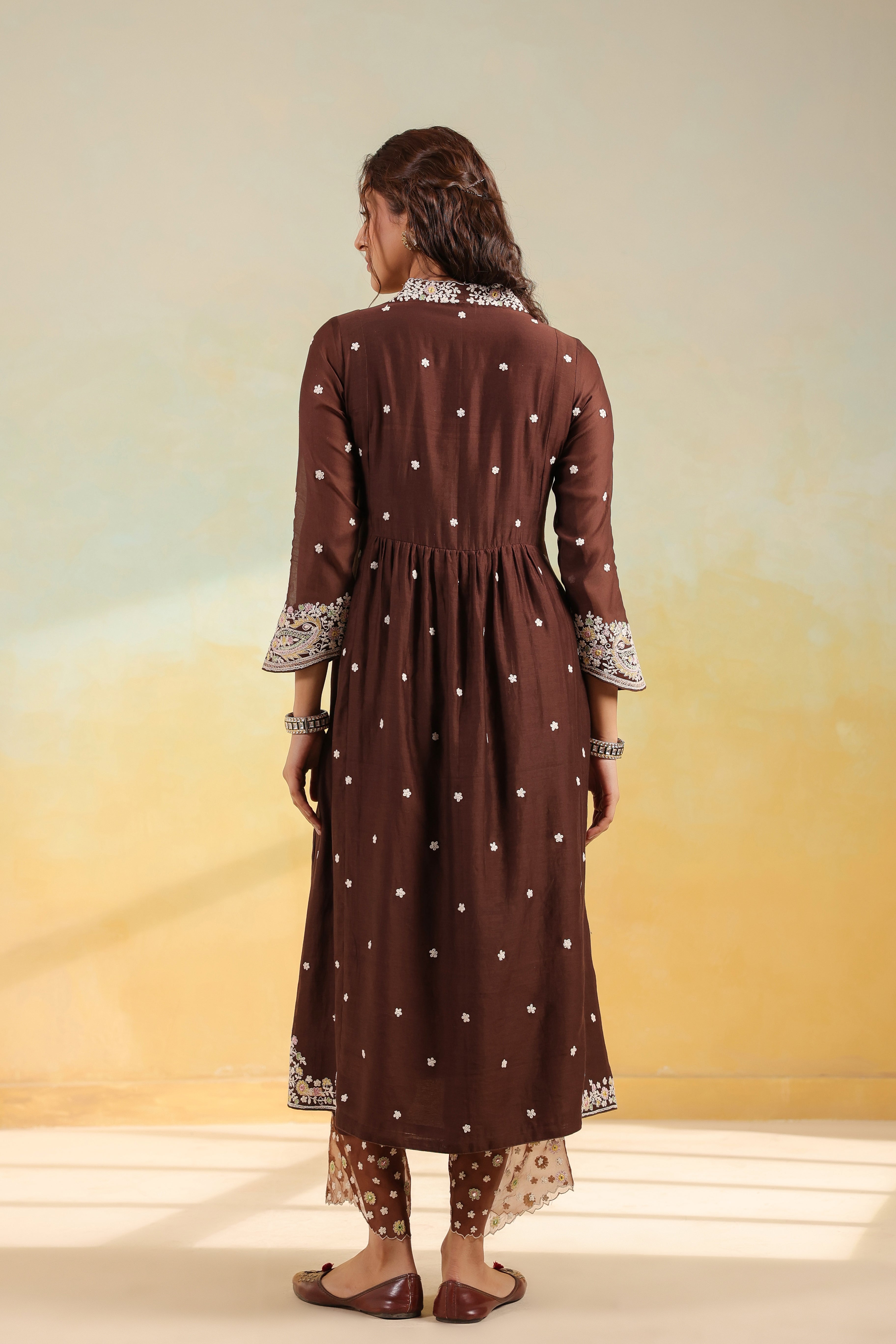 Brown Dori Paisley Frock Style Kurta Set