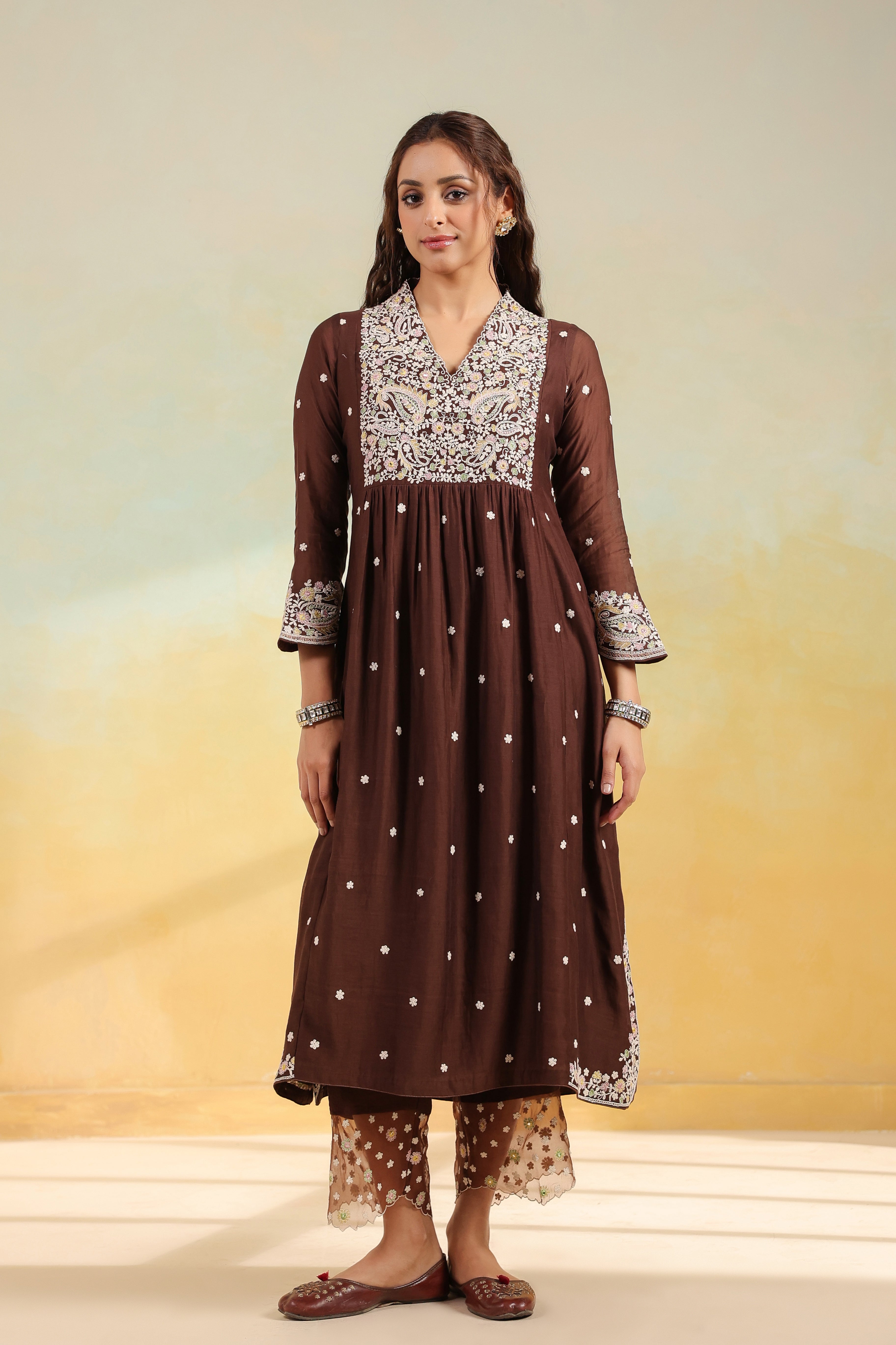 Brown Dori Paisley Frock Style Kurta Set