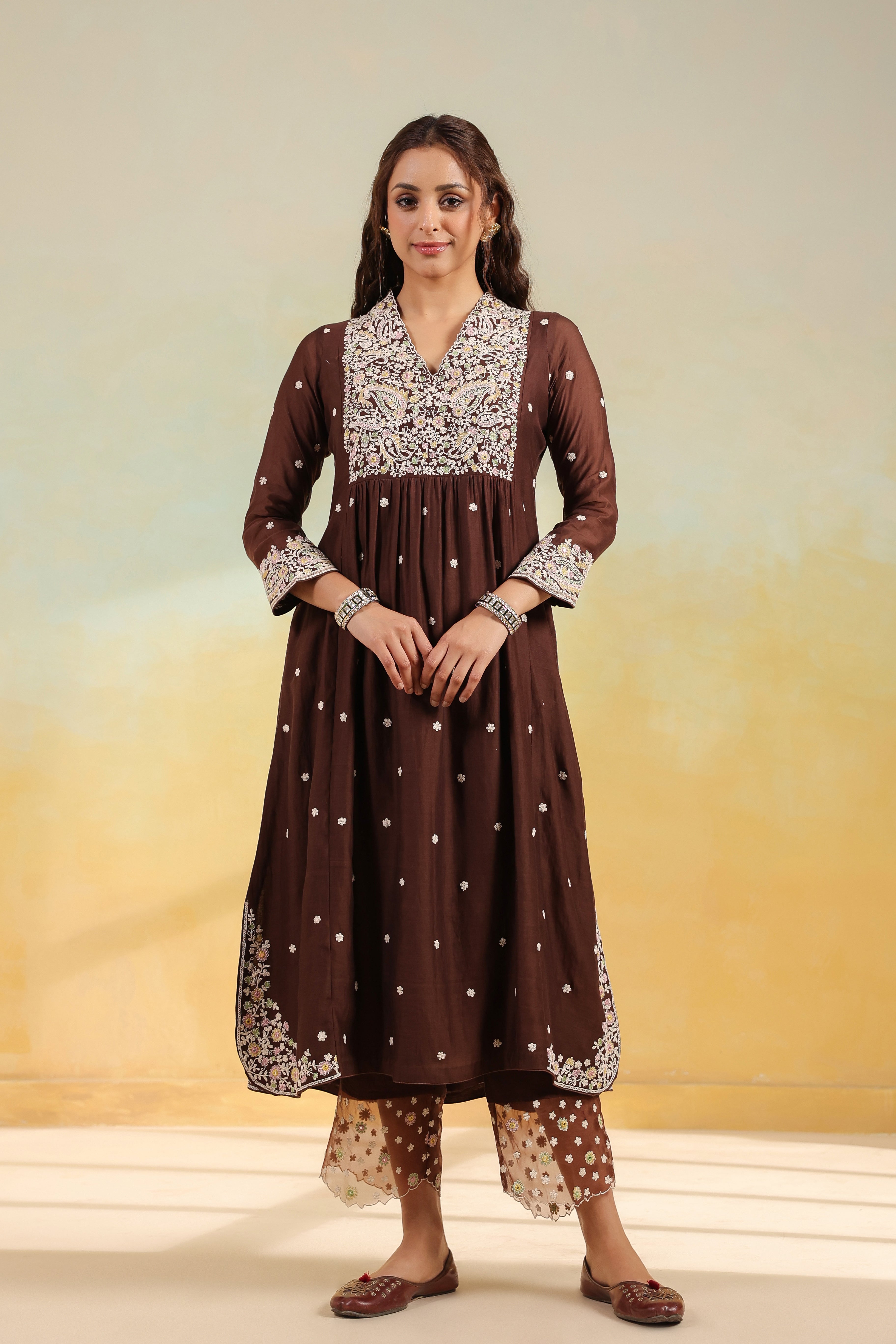Brown Dori Paisley Frock Style Kurta Set