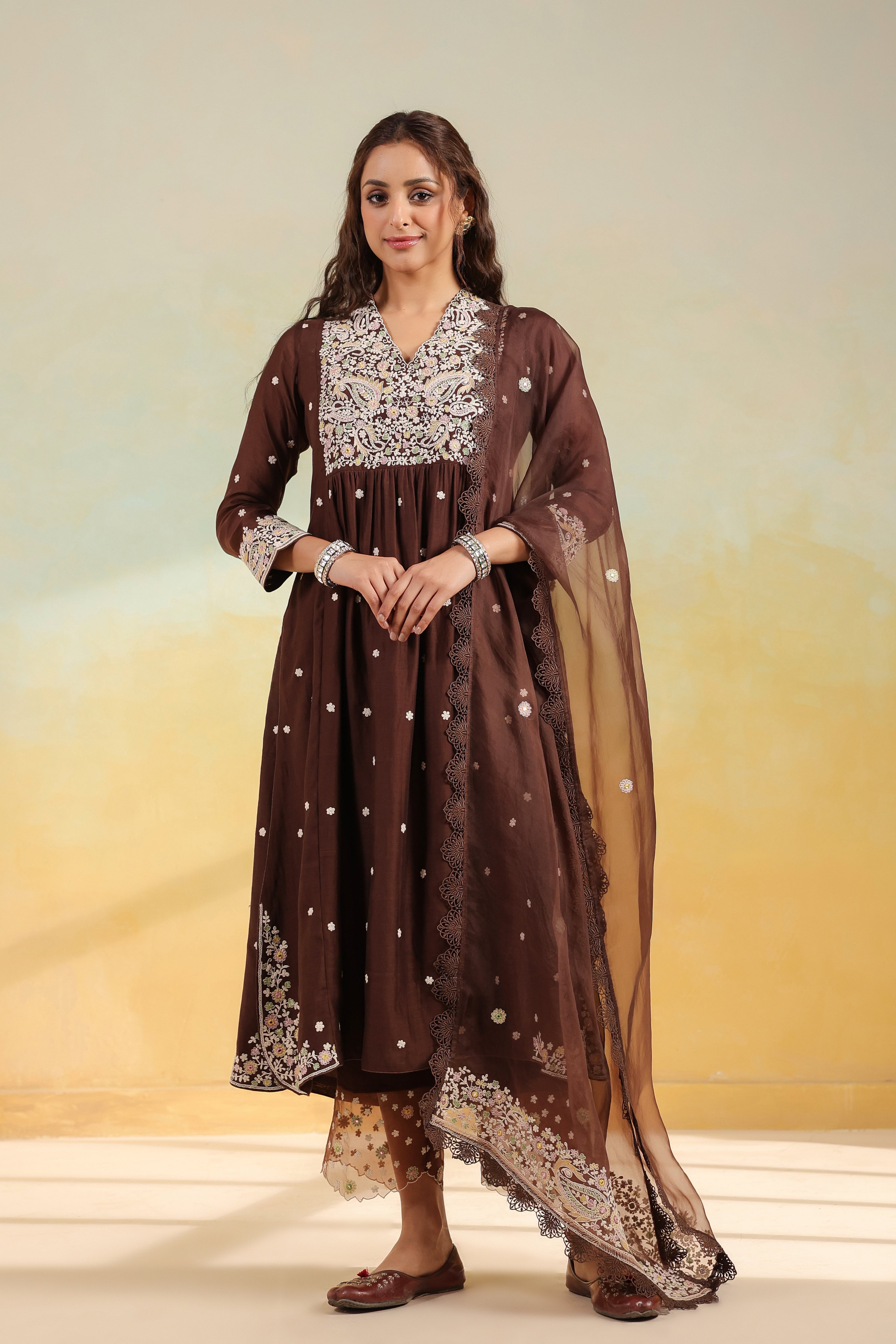 Brown Dori Paisley Frock Style Kurta Set