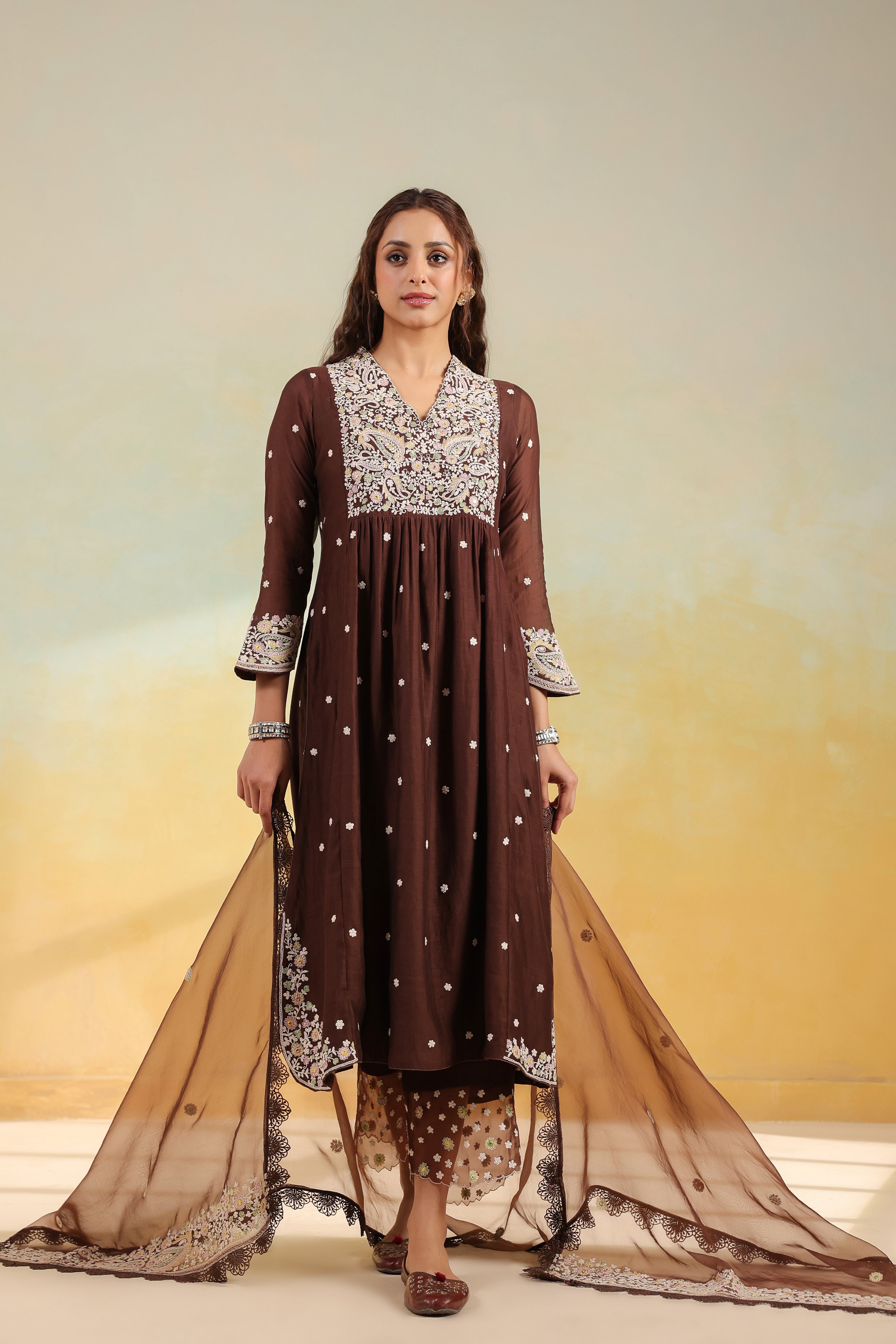 Brown Dori Paisley Frock Style Kurta Set