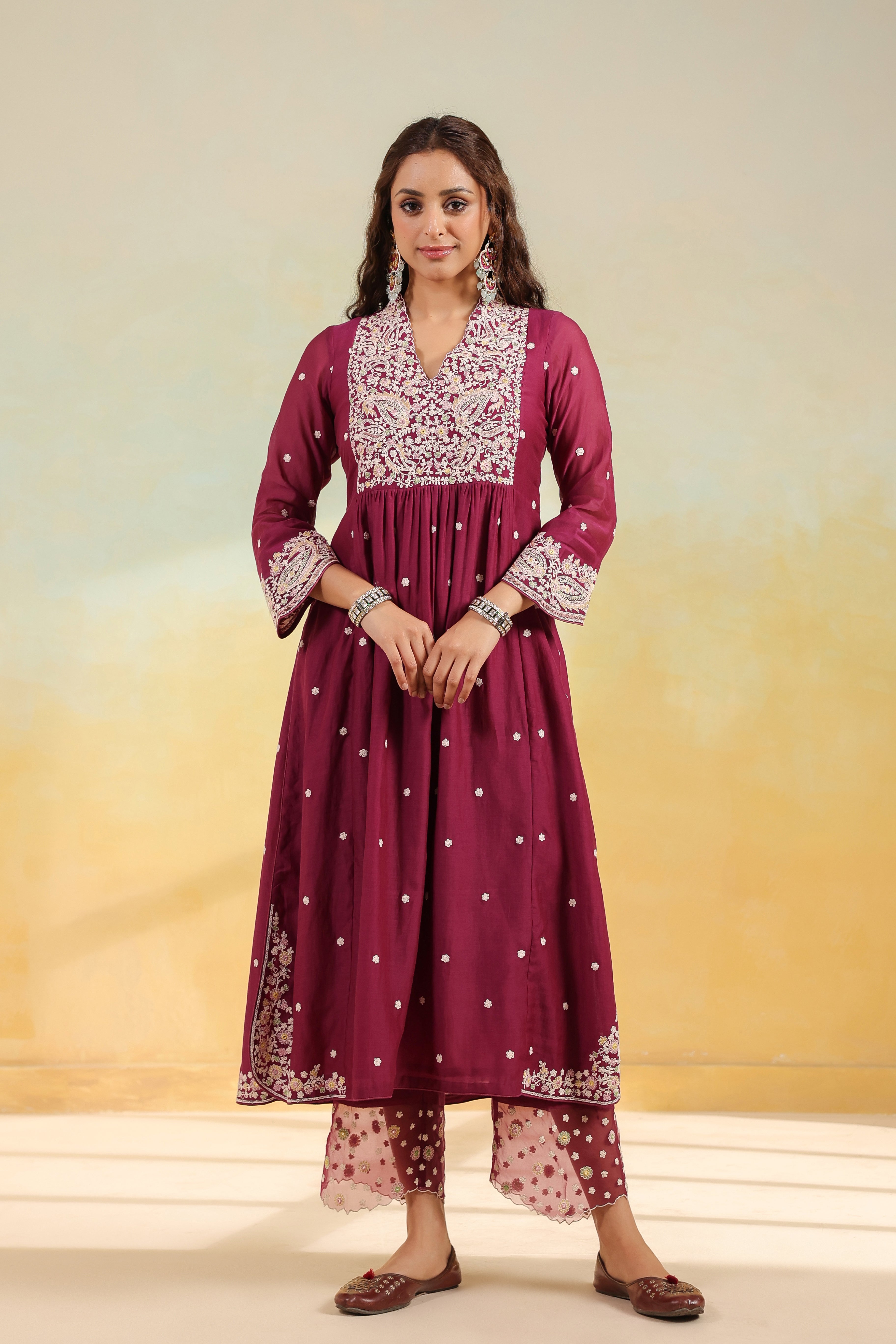 Wine Dori Paisley Frock Style Kurta Set