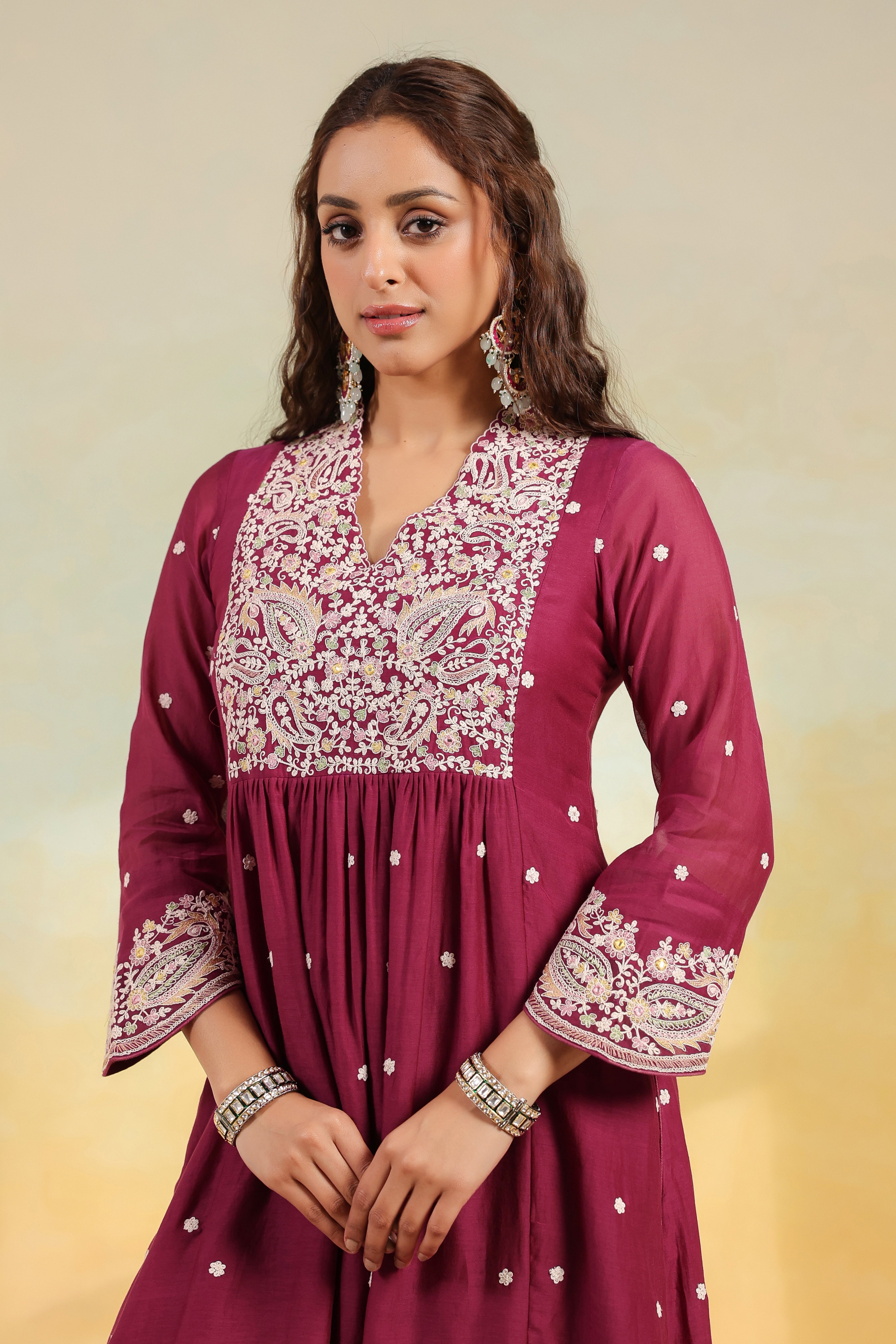 Wine Dori Paisley Frock Style Kurta Set