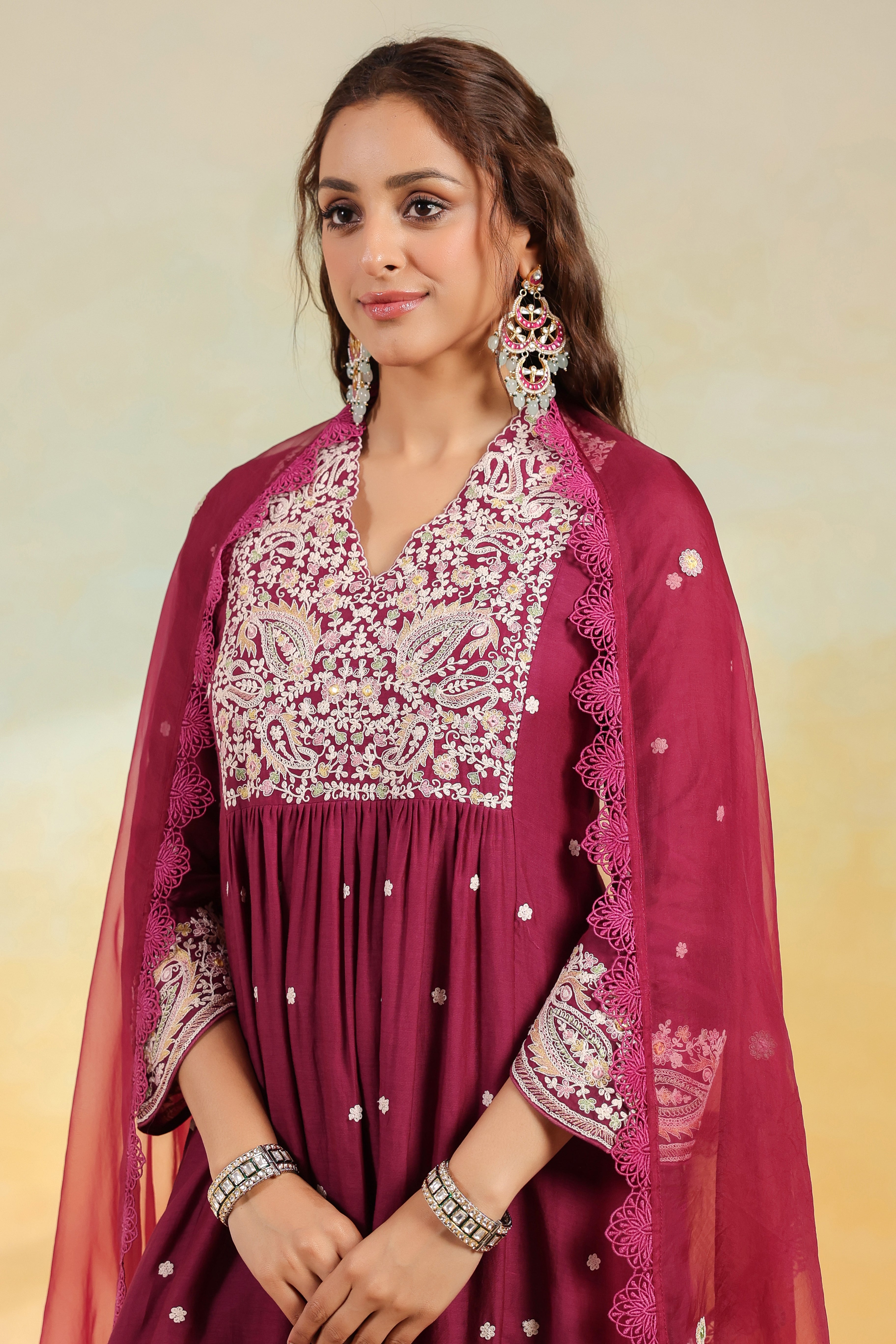 Wine Dori Paisley Frock Style Kurta Set