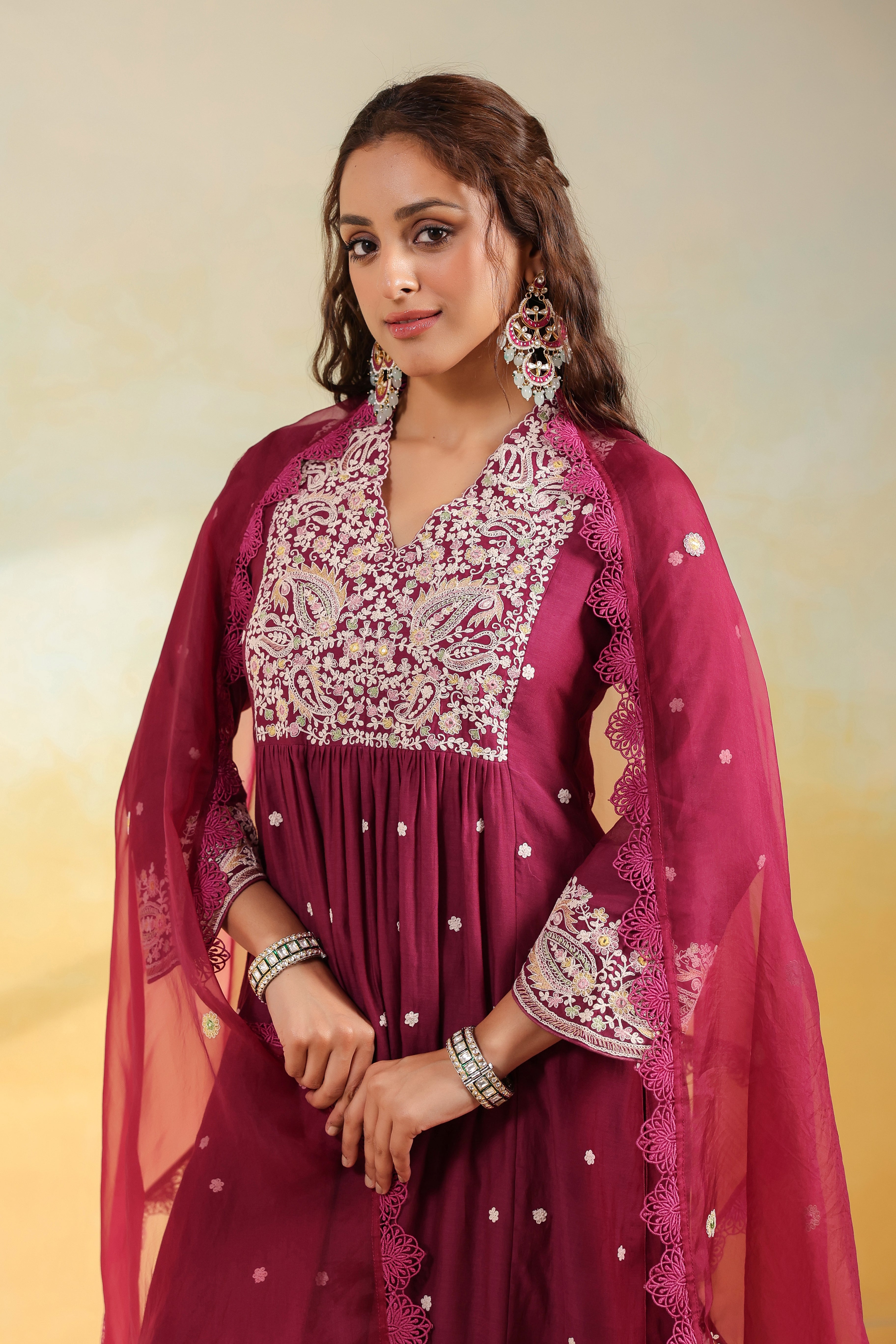 Wine Dori Paisley Frock Style Kurta Set