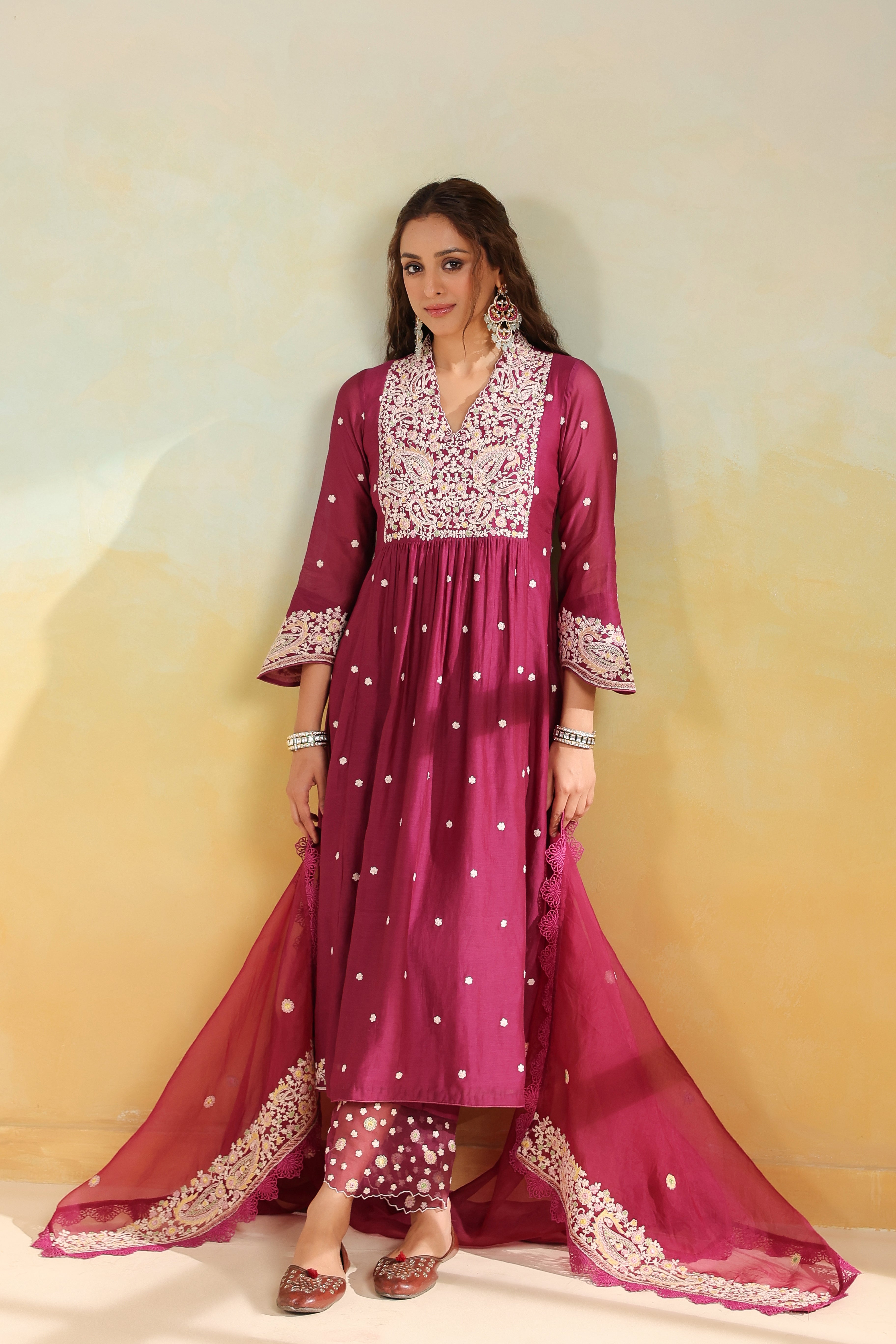 Wine Dori Paisley Frock Style Kurta Set