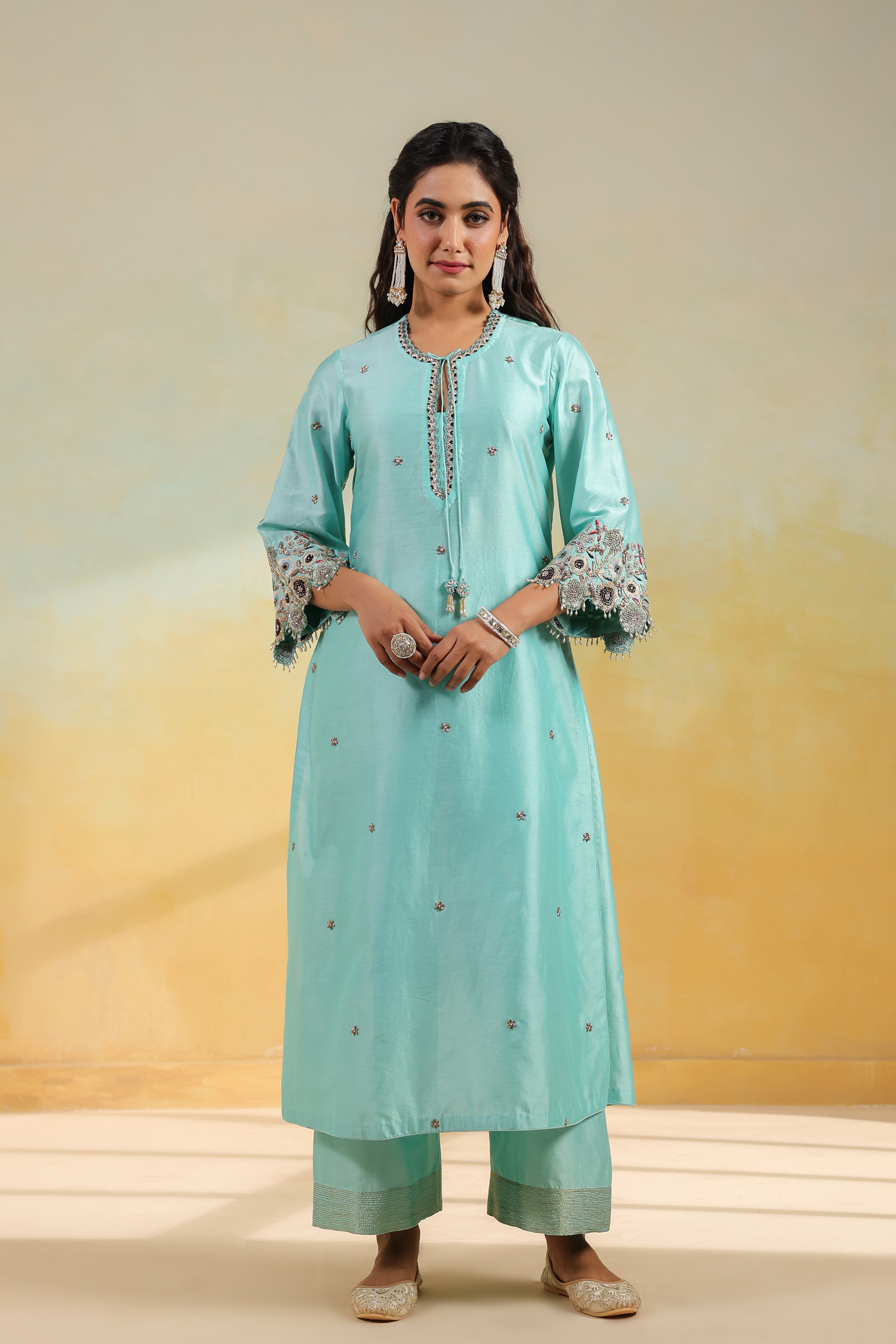 Light Blue Rose Cut Scallop Kurta Set