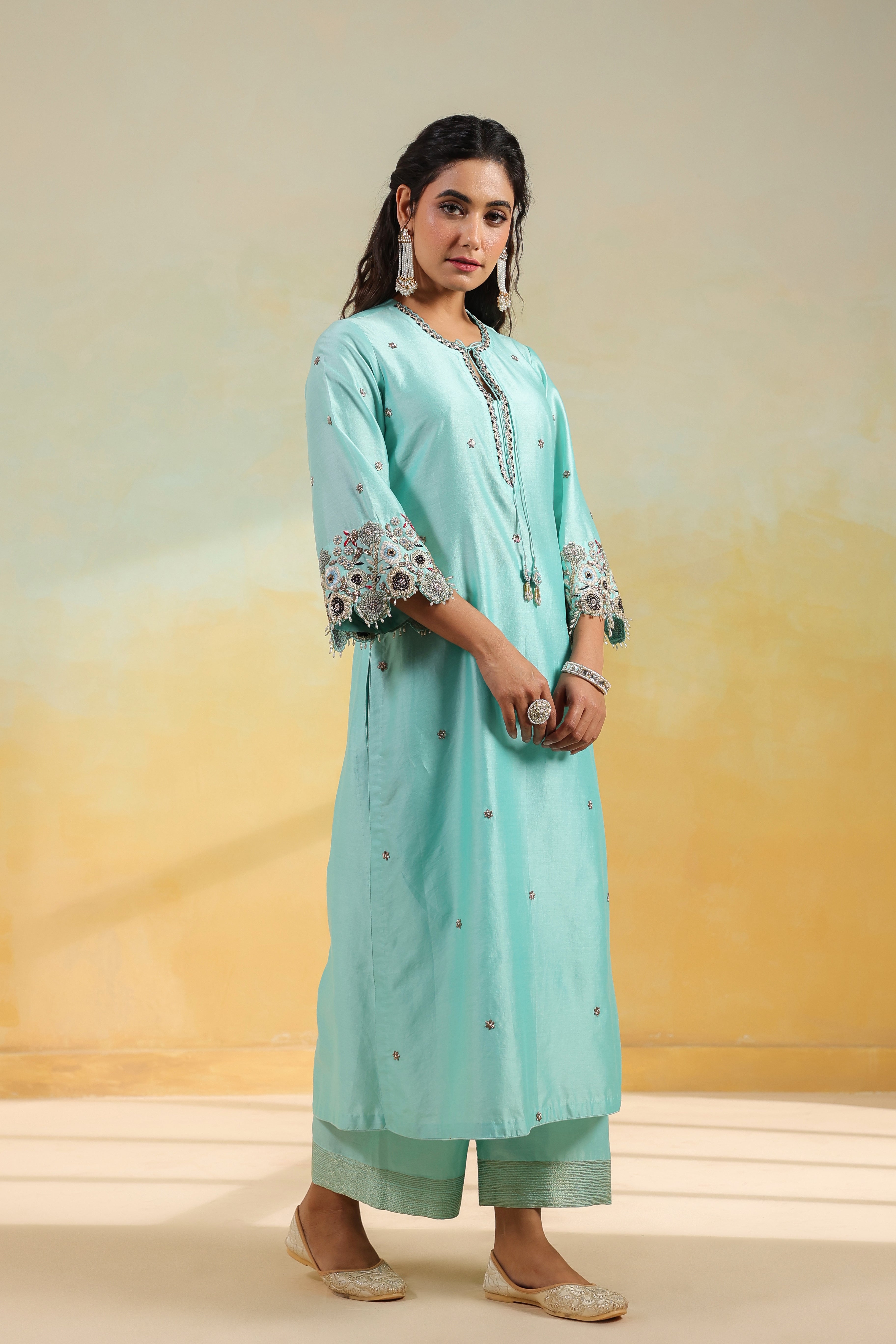 Light Blue Rose Cut Scallop Kurta Set