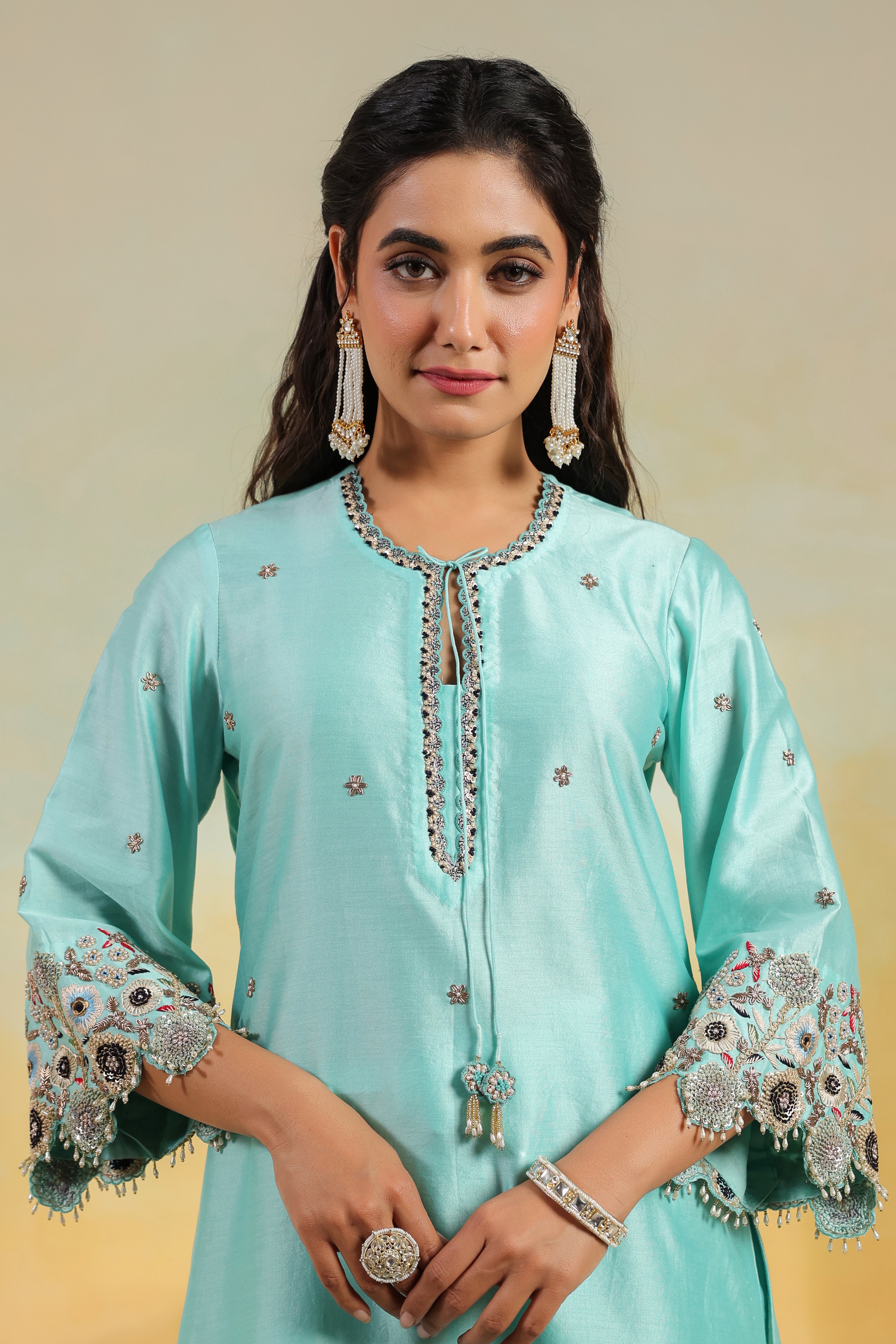 Light Blue Rose Cut Scallop Kurta Set