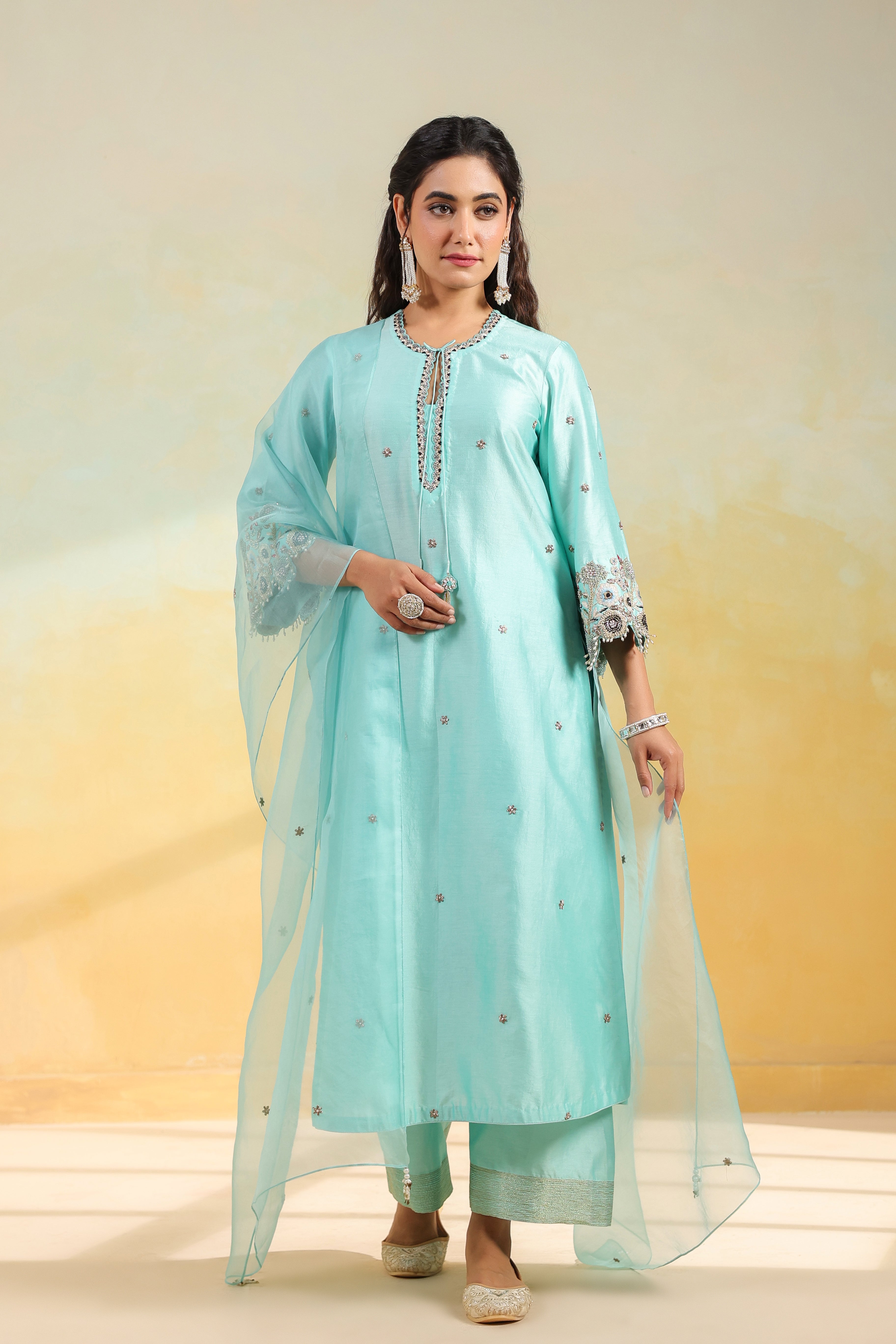 Light Blue Rose Cut Scallop Kurta Set