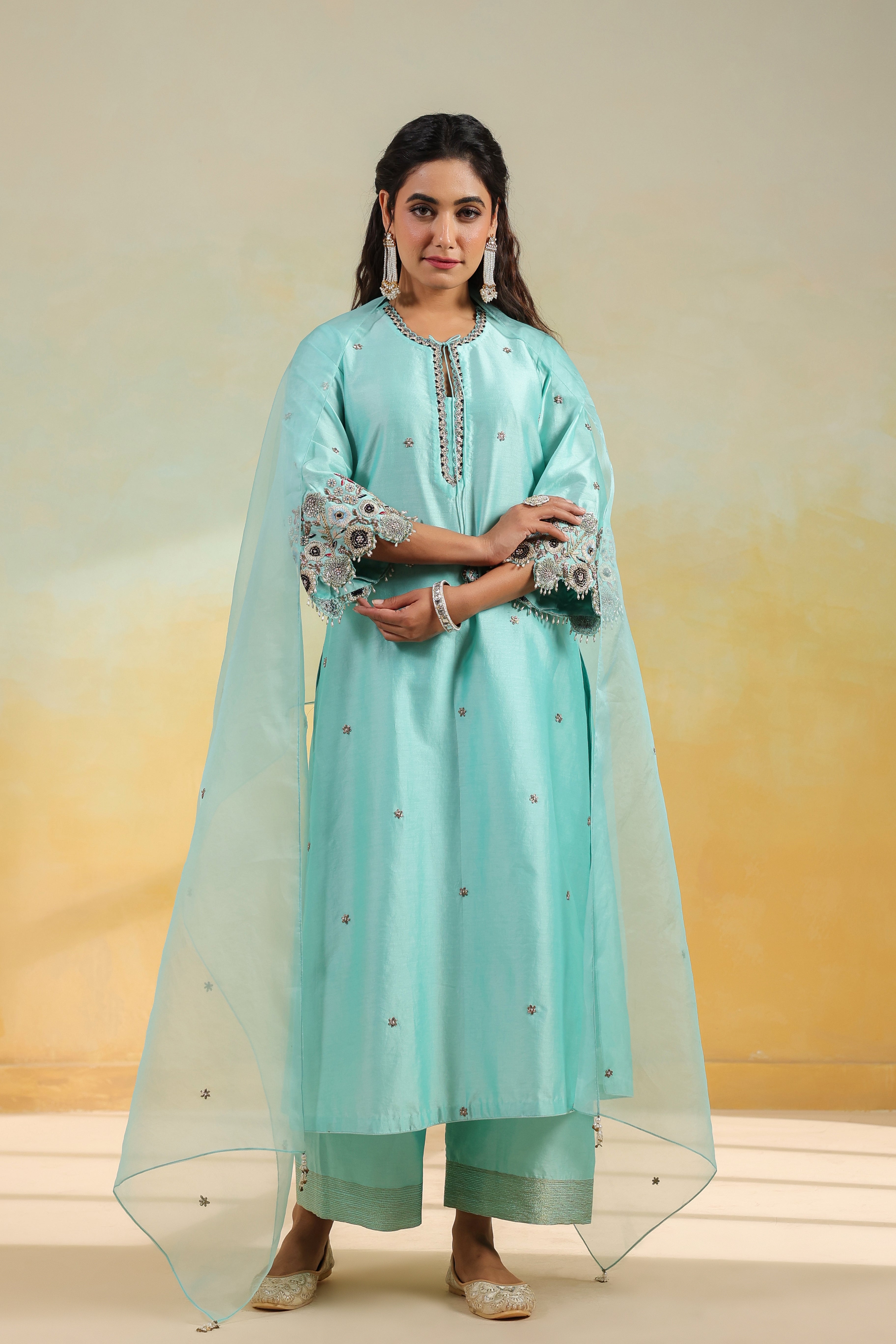 Light Blue Rose Cut Scallop Kurta Set