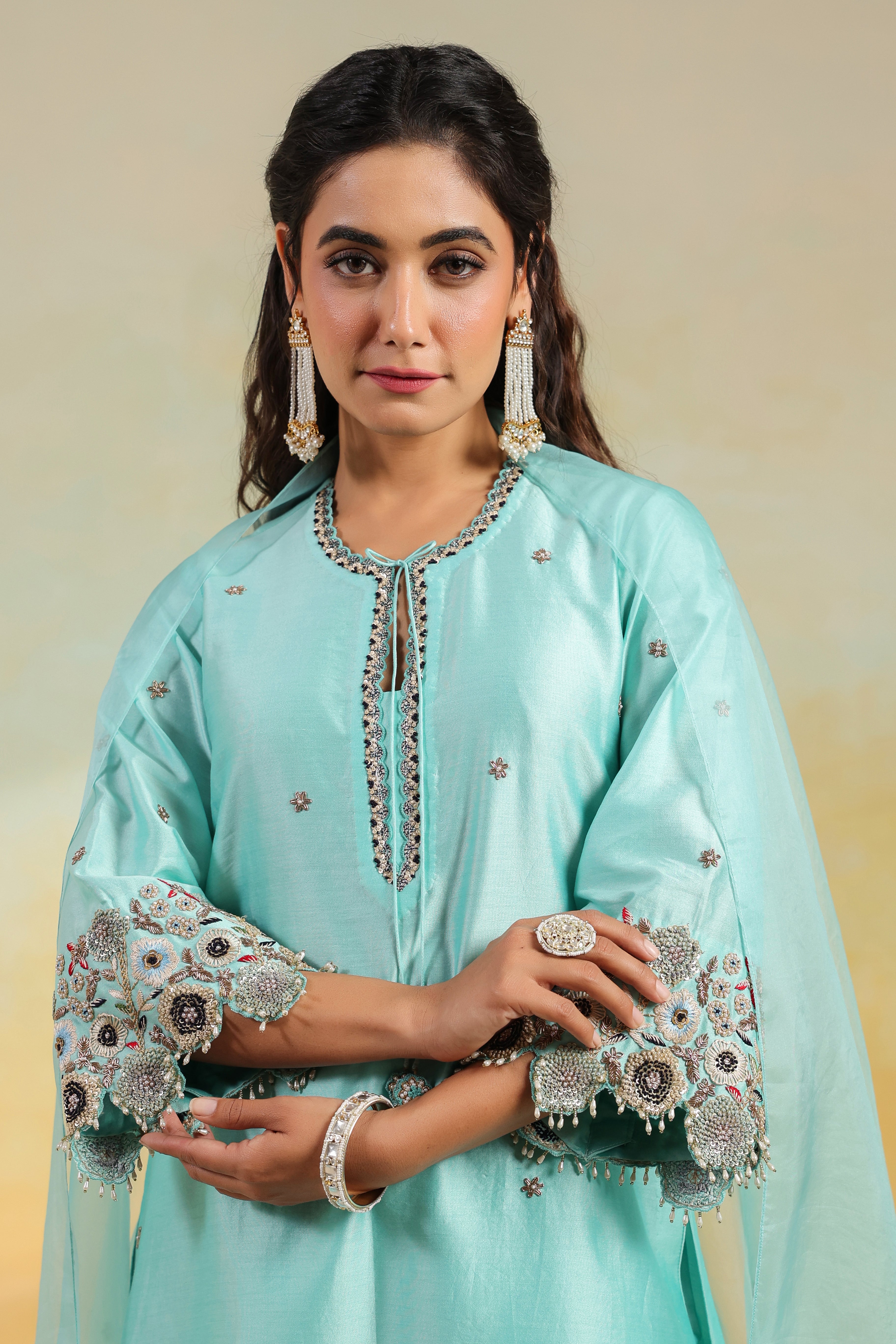 Light Blue Rose Cut Scallop Kurta Set