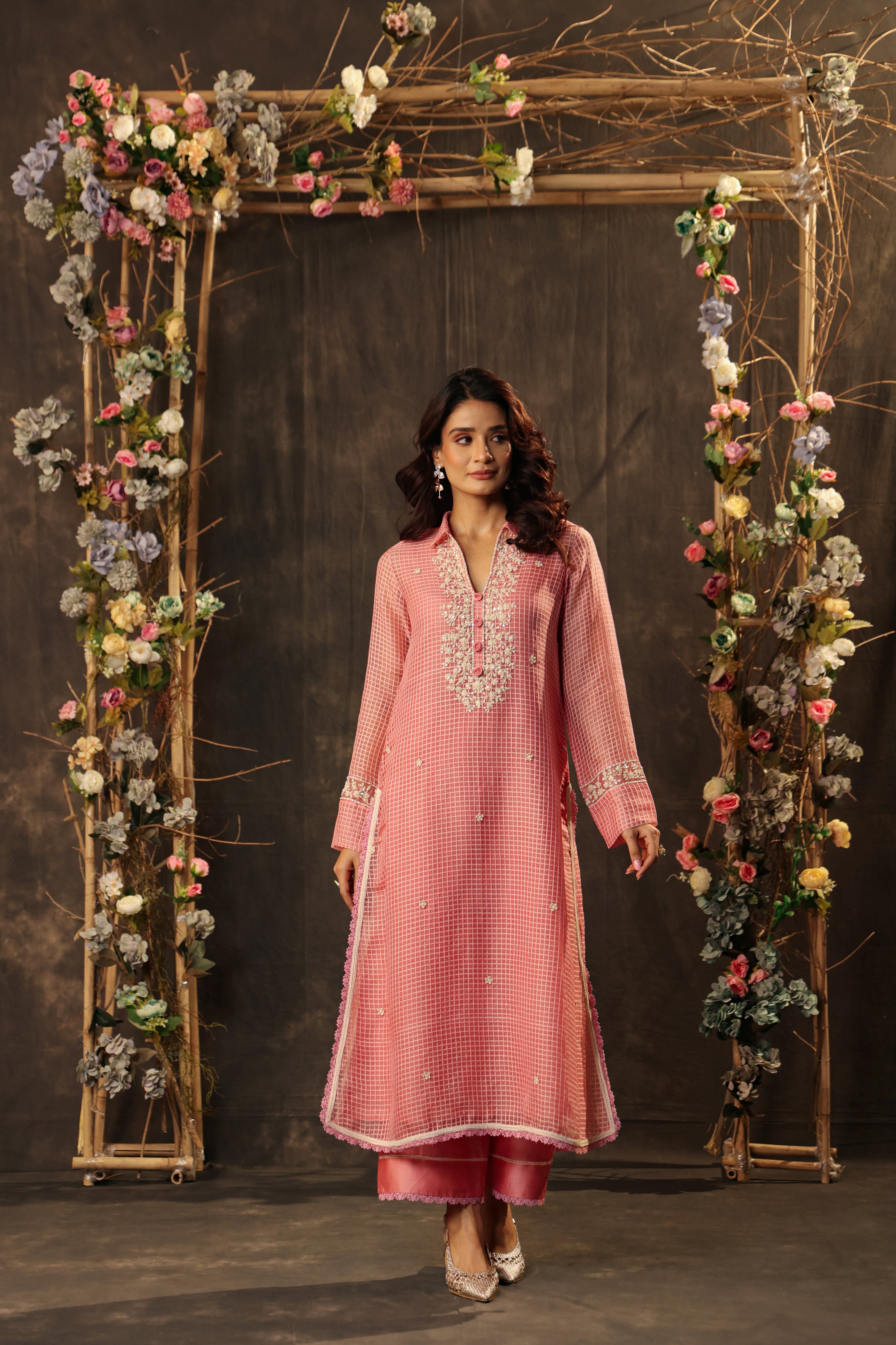 Vaayu Pink Collar Kurta Set