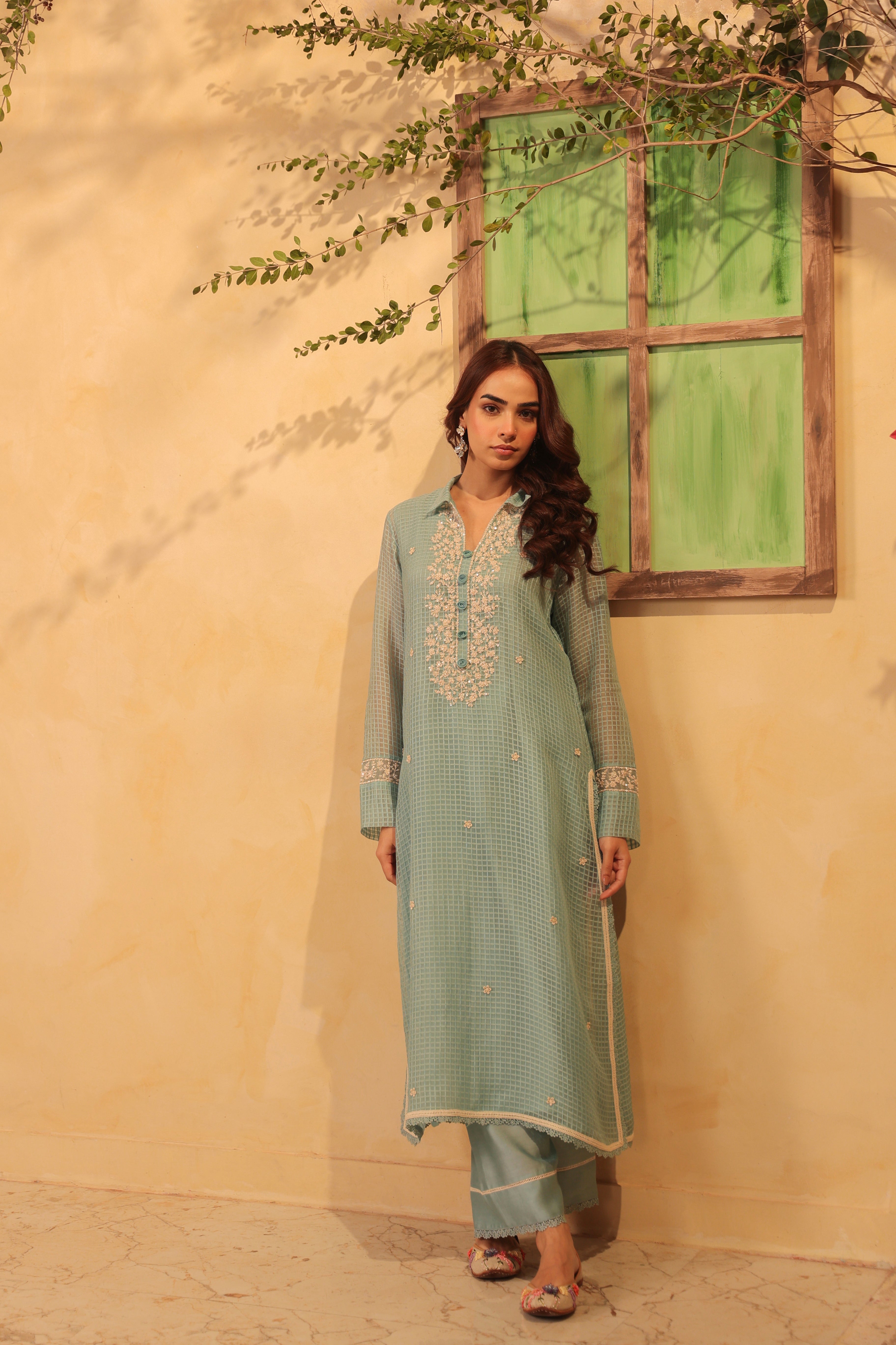 Vaayu Light Blue Collar Kurta Set