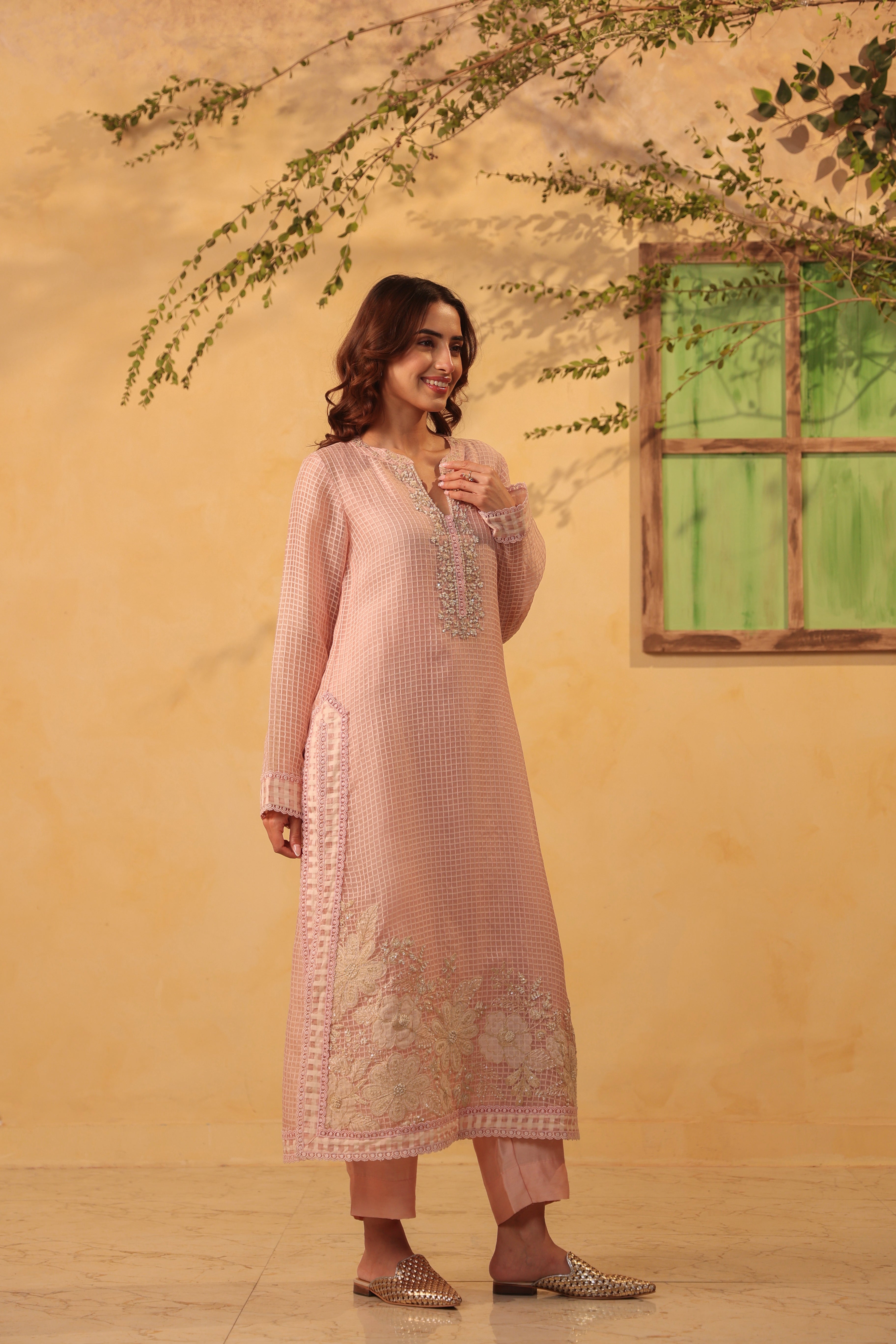 Vaayu Light Pink Straight Long Kurta Set
