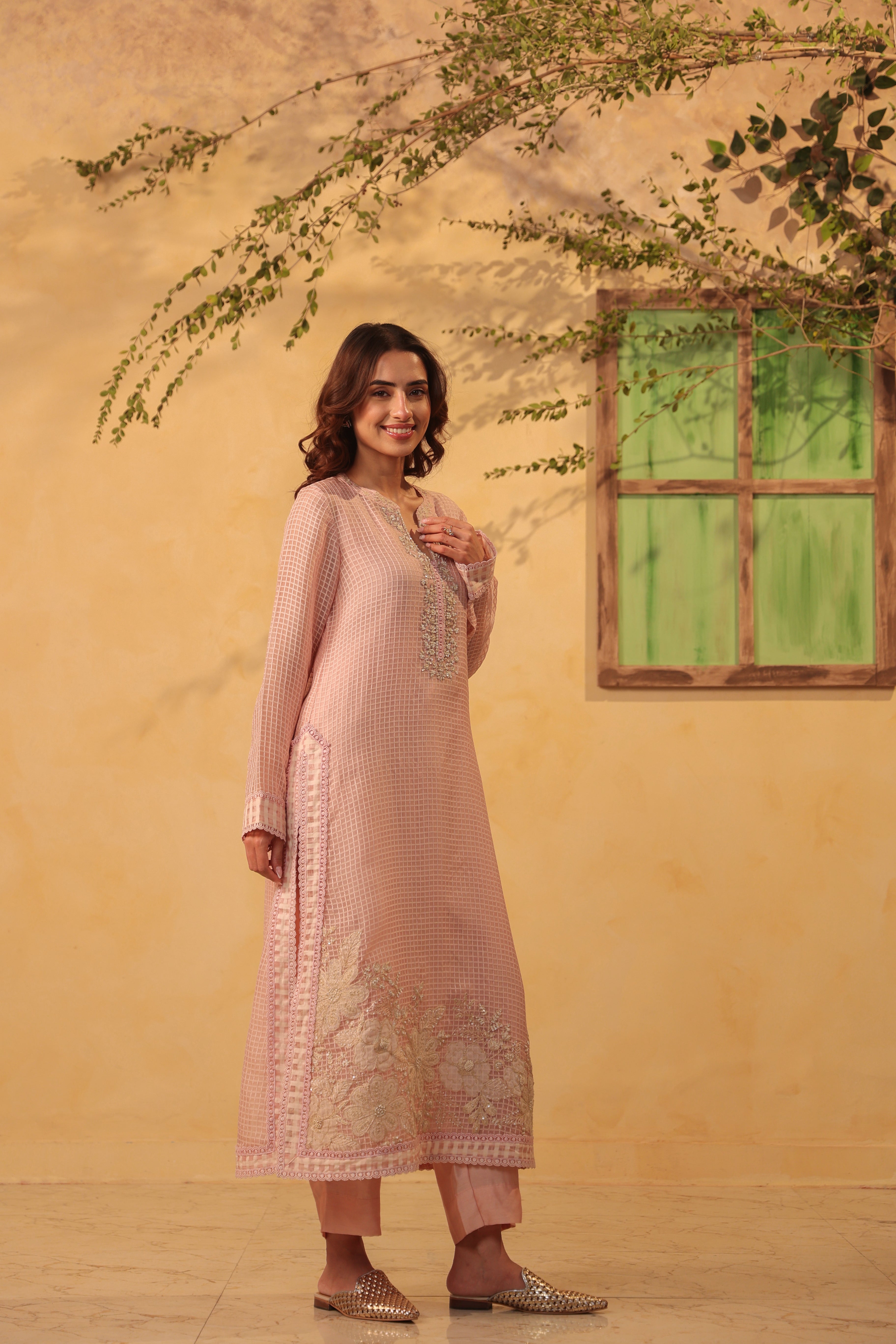 Vaayu Light Pink Straight Long Kurta Set