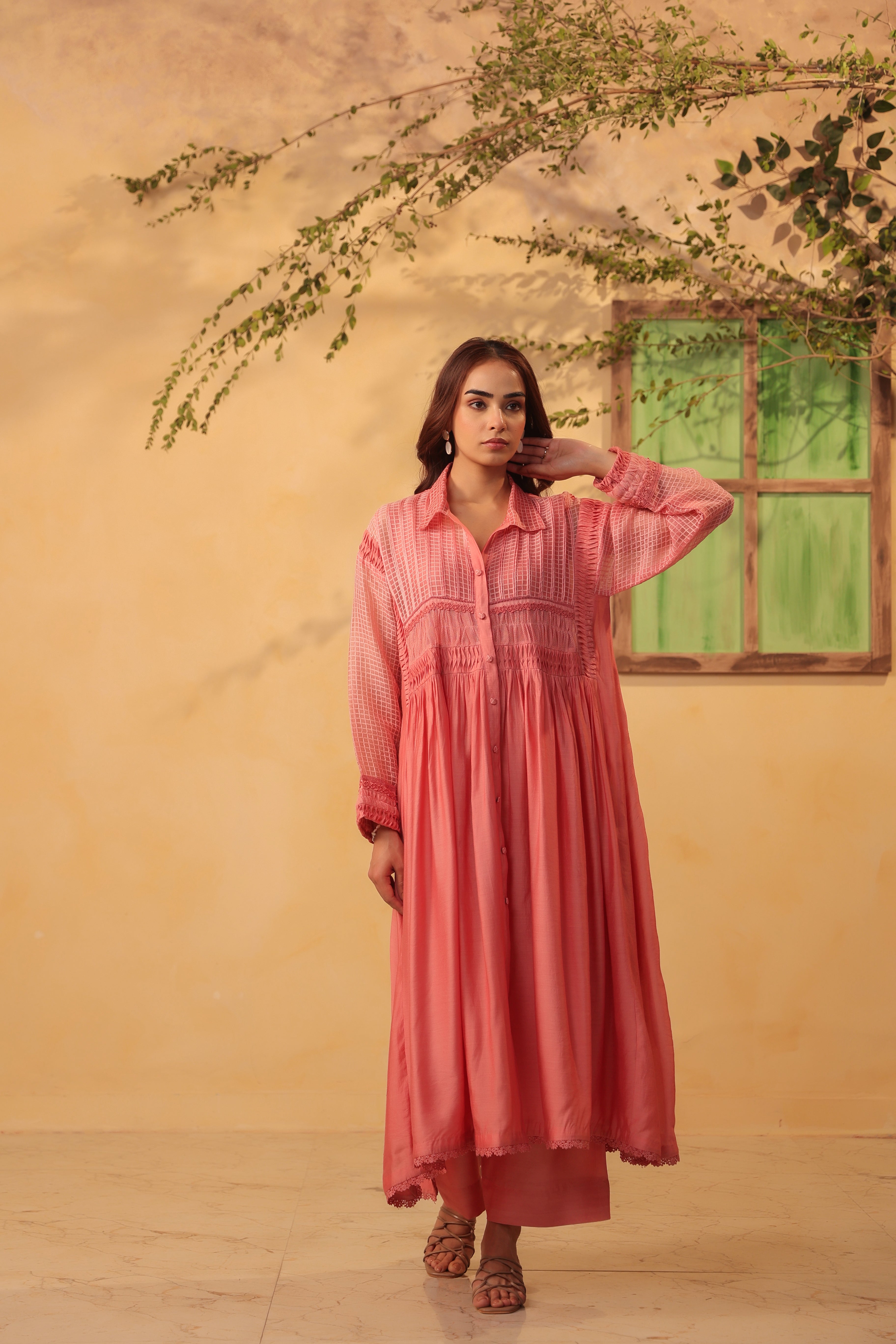 Vaayu Pink Pintuck Collar Kurta Set