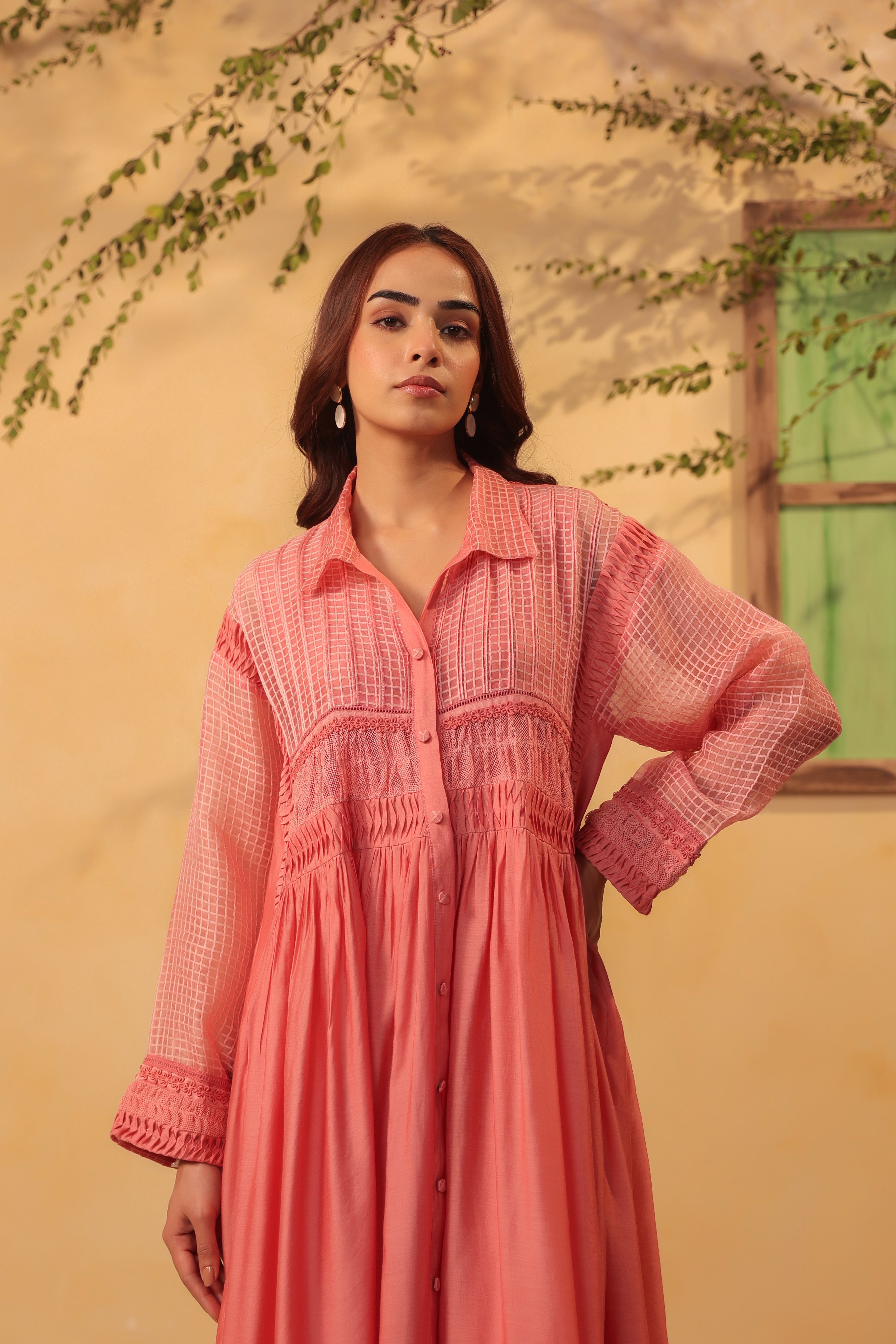 Vaayu Pink Pintuck Collar Kurta Set