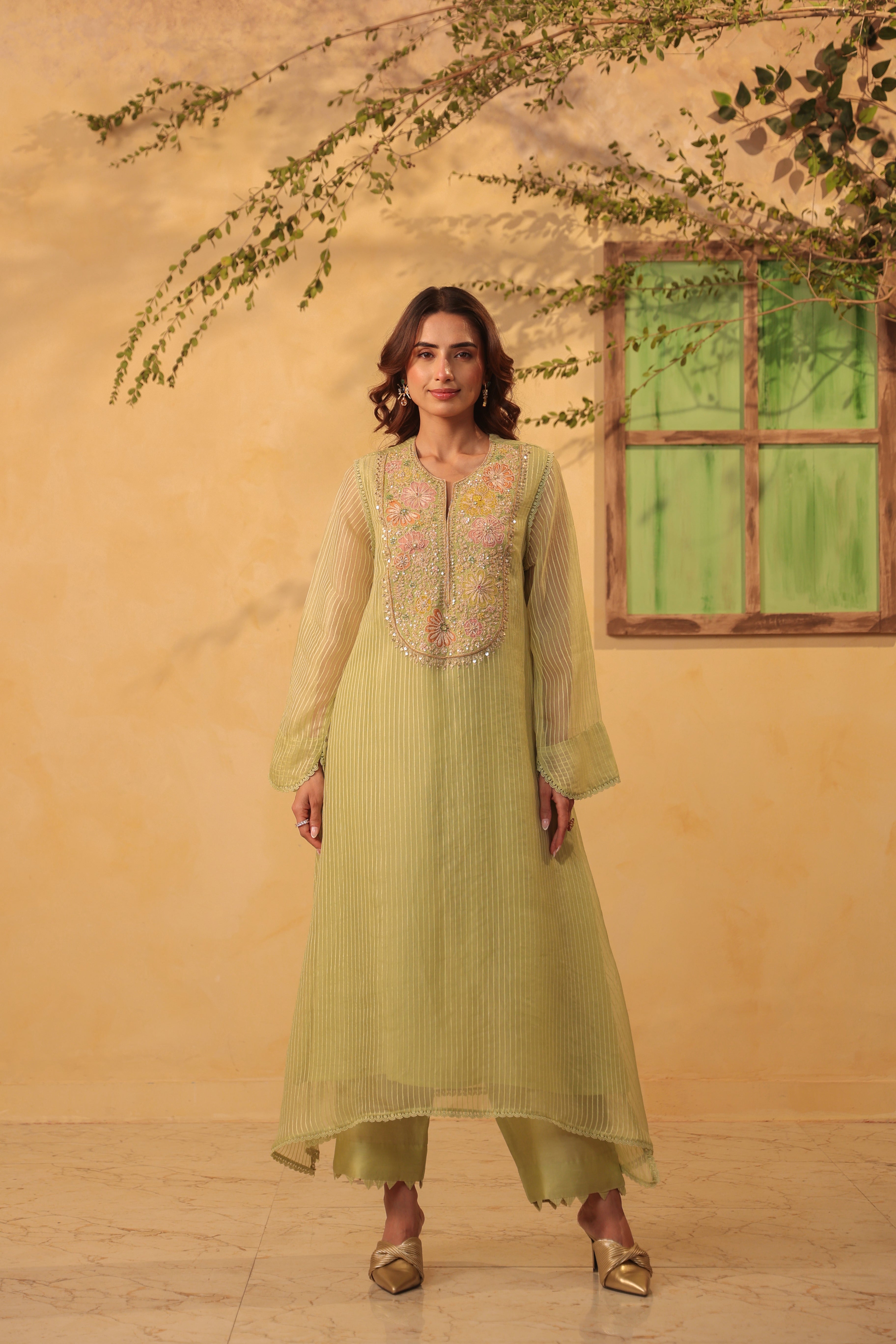 Vaayu Green  Applique Yoke Kurta Set