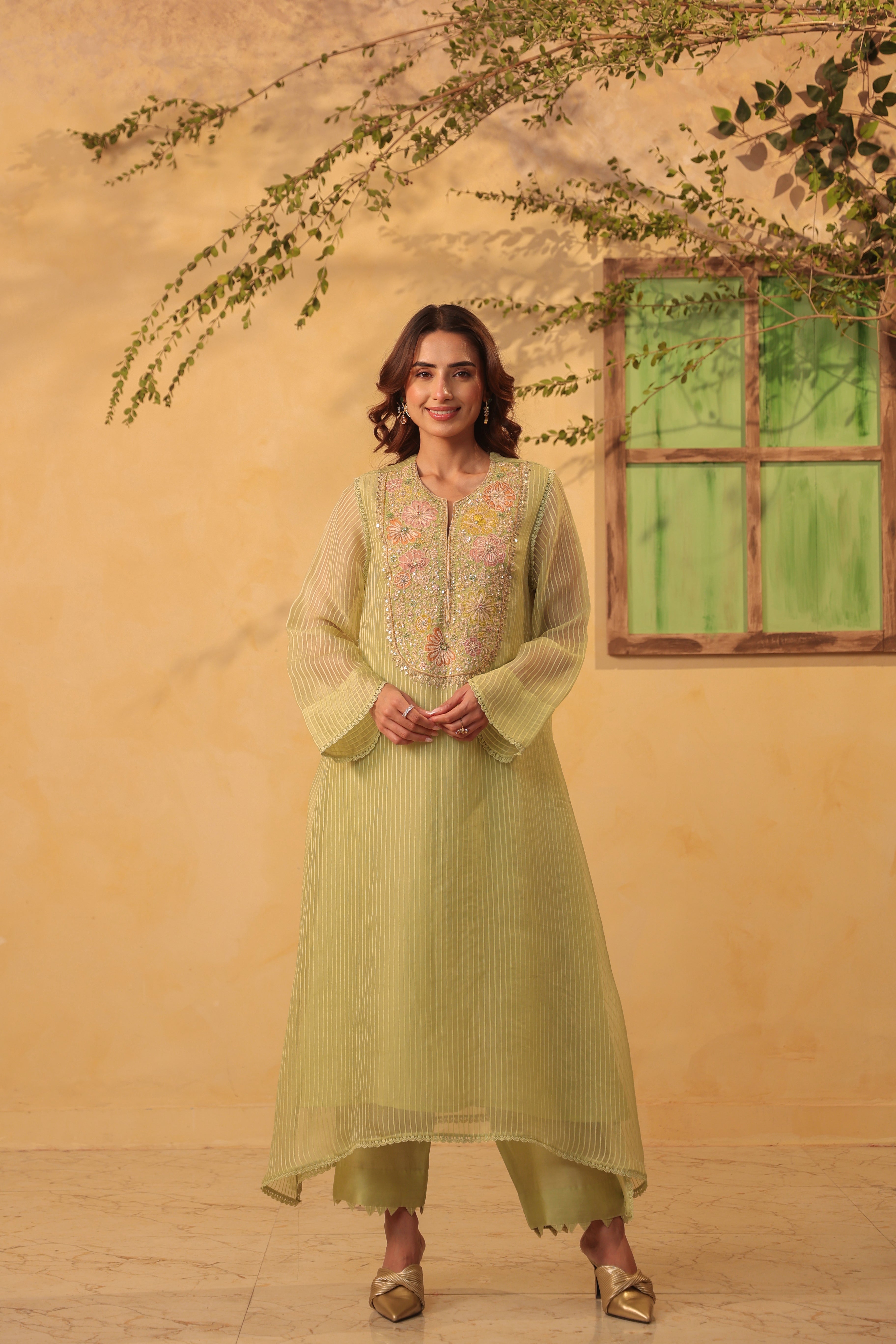Vaayu Green  Applique Yoke Kurta Set