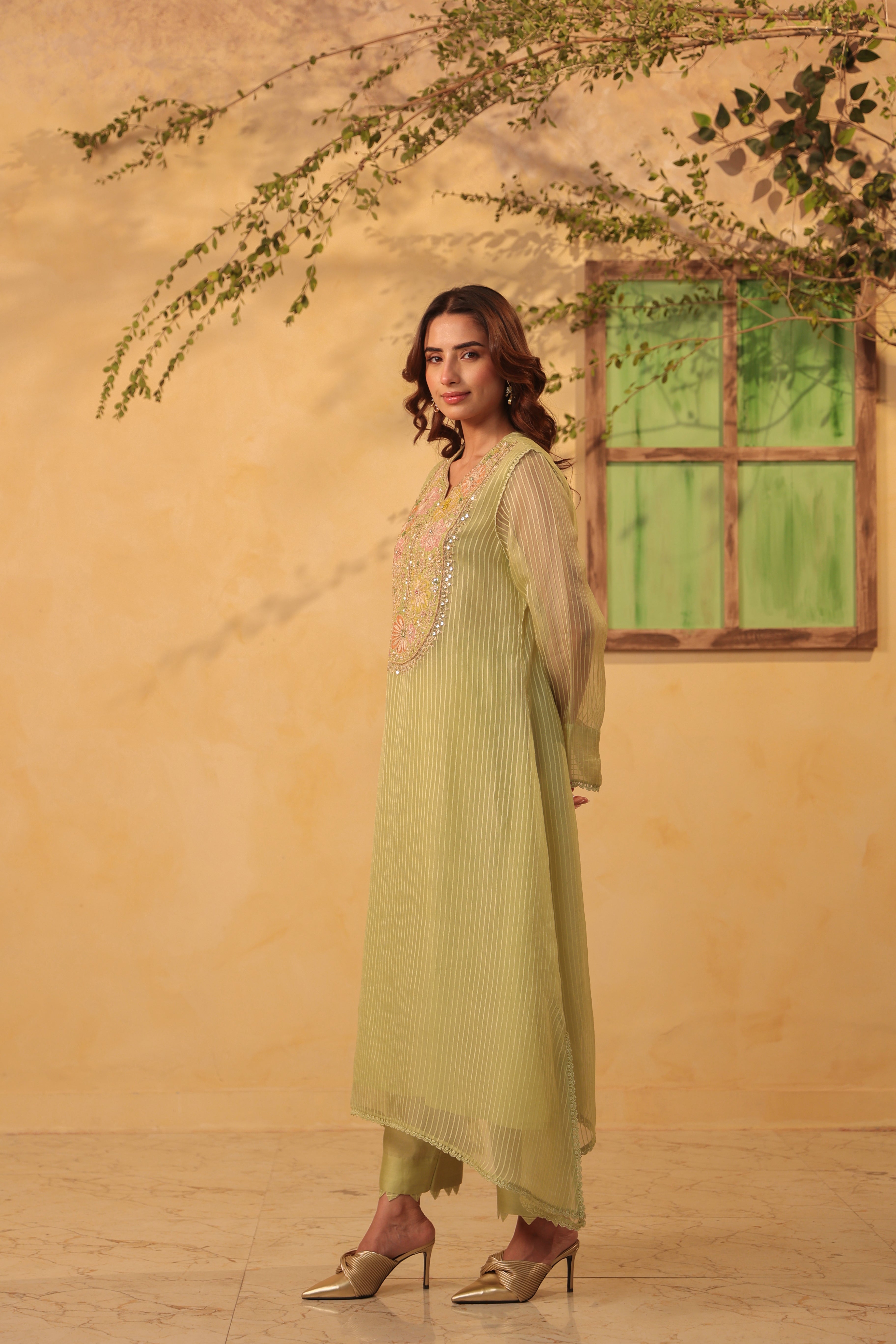 Vaayu Green  Applique Yoke Kurta Set