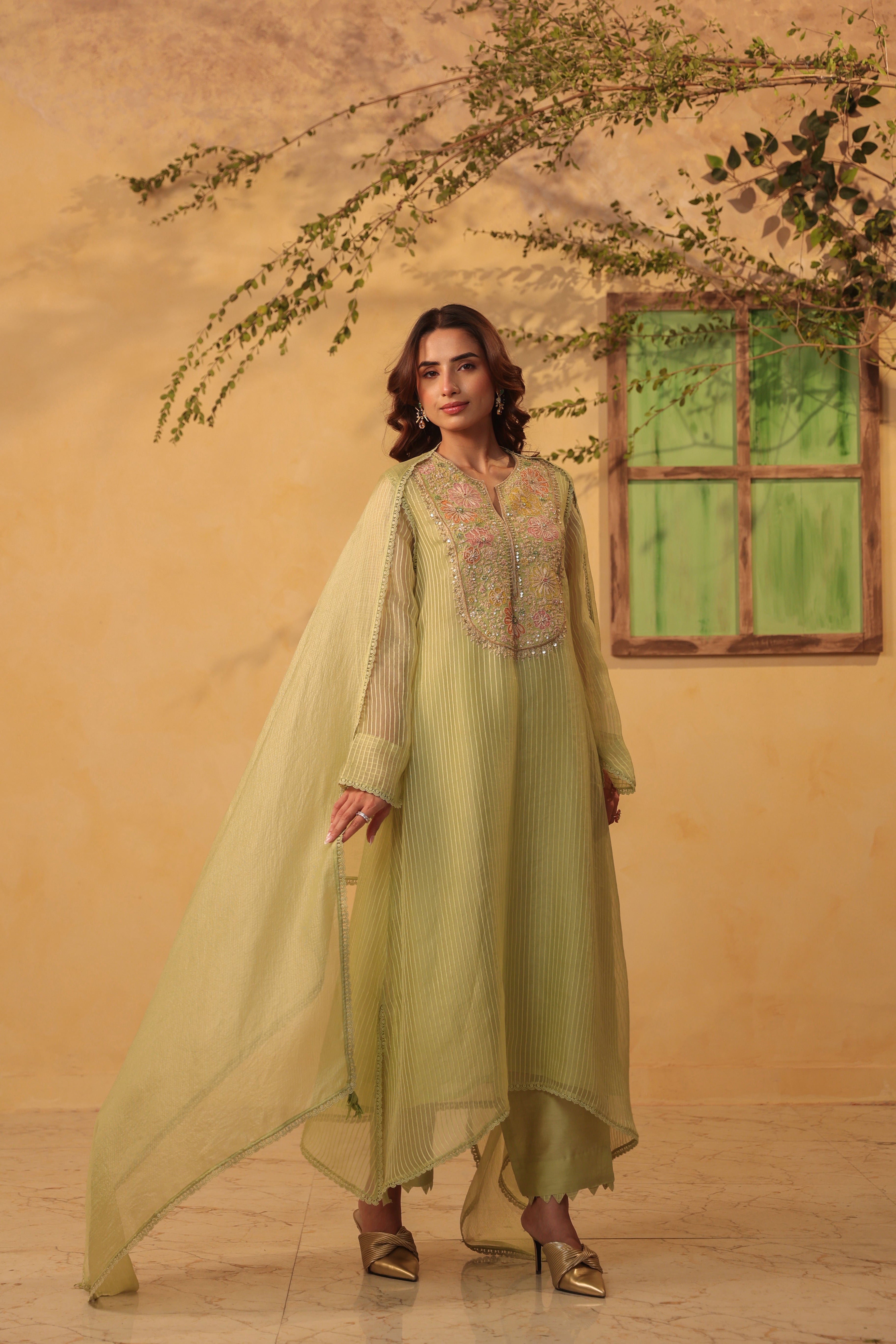 Vaayu Green  Applique Yoke Kurta Set