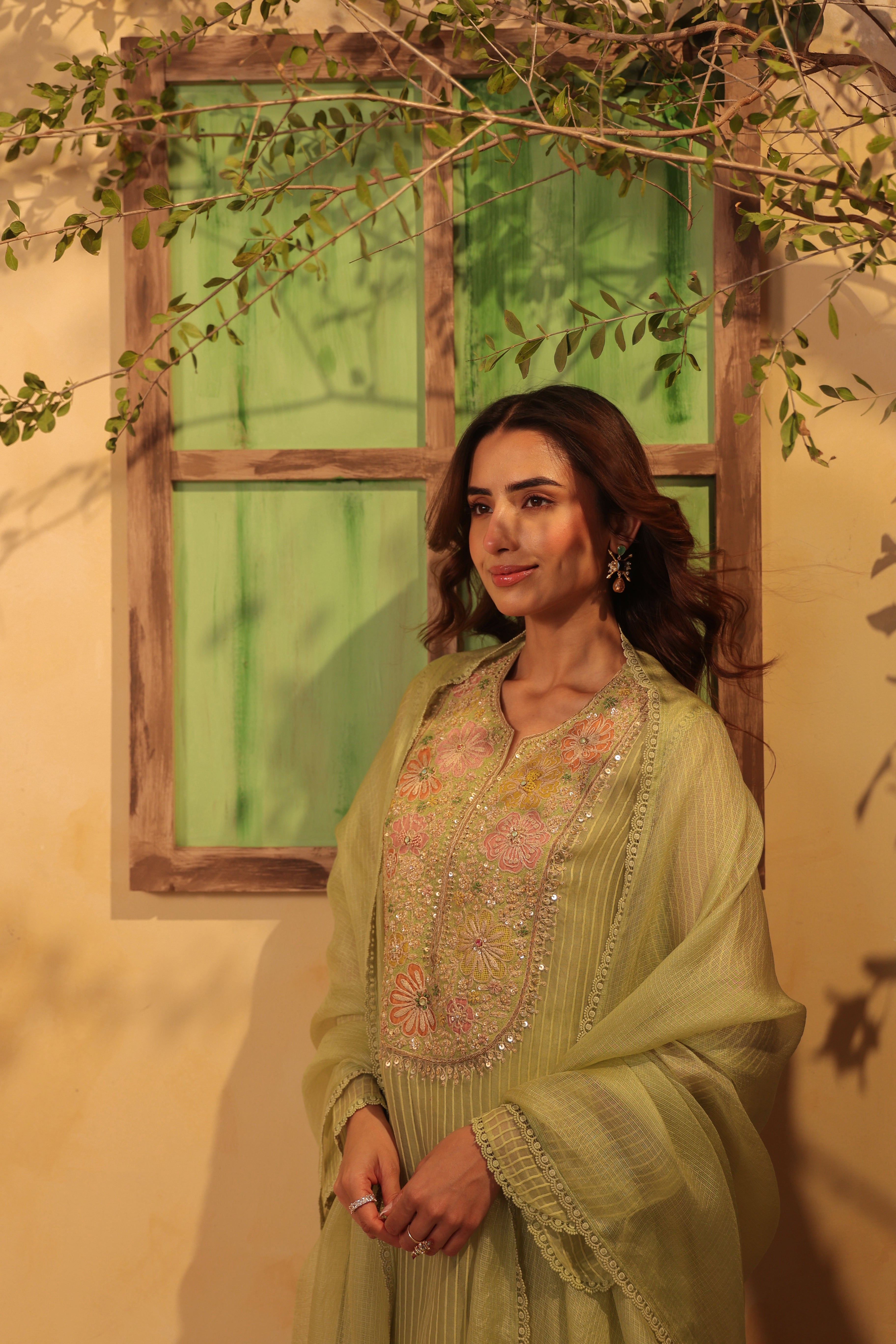 Vaayu Green  Applique Yoke Kurta Set