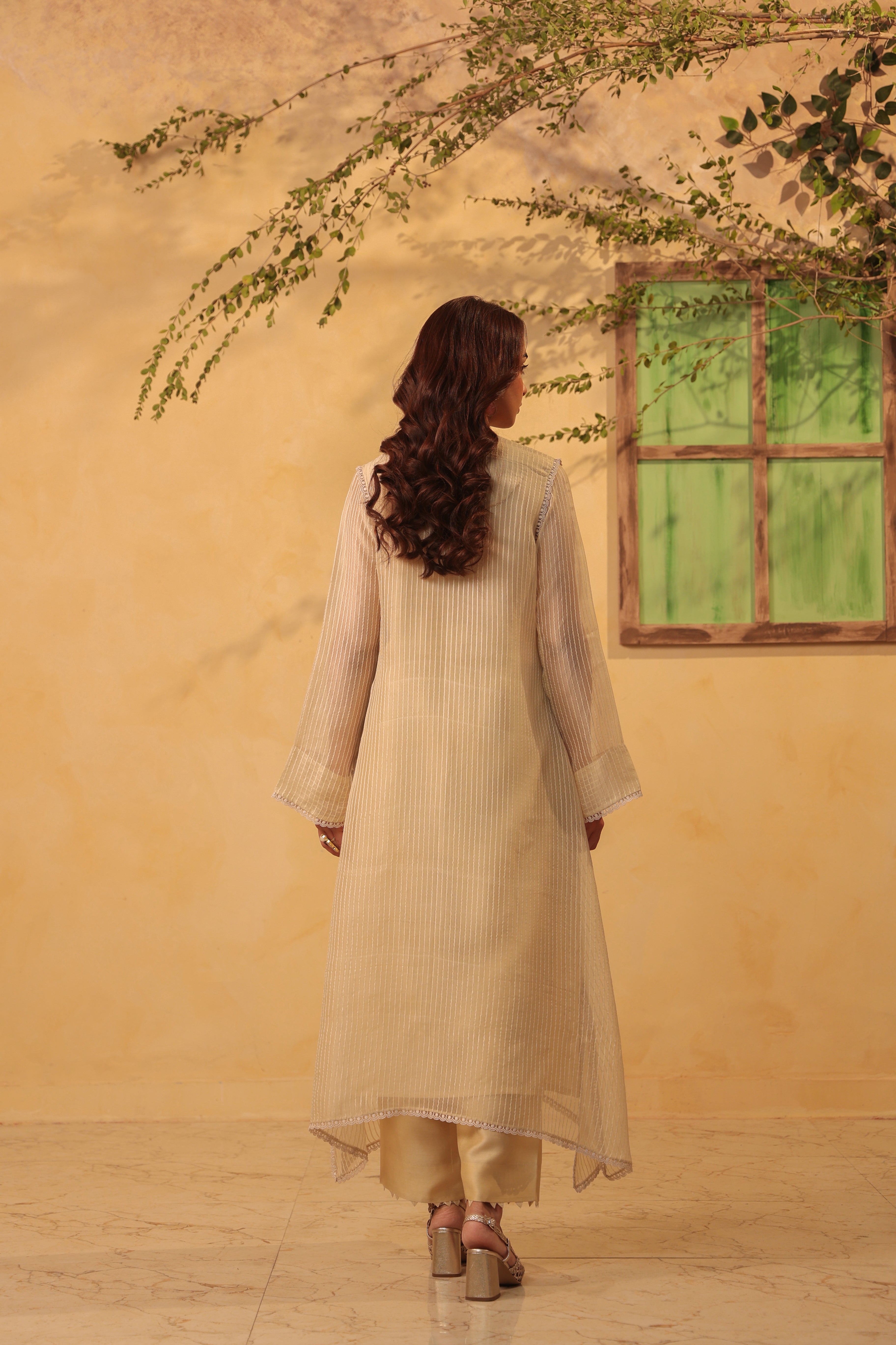Vaayu Beige Applique Yoke Kurta Set