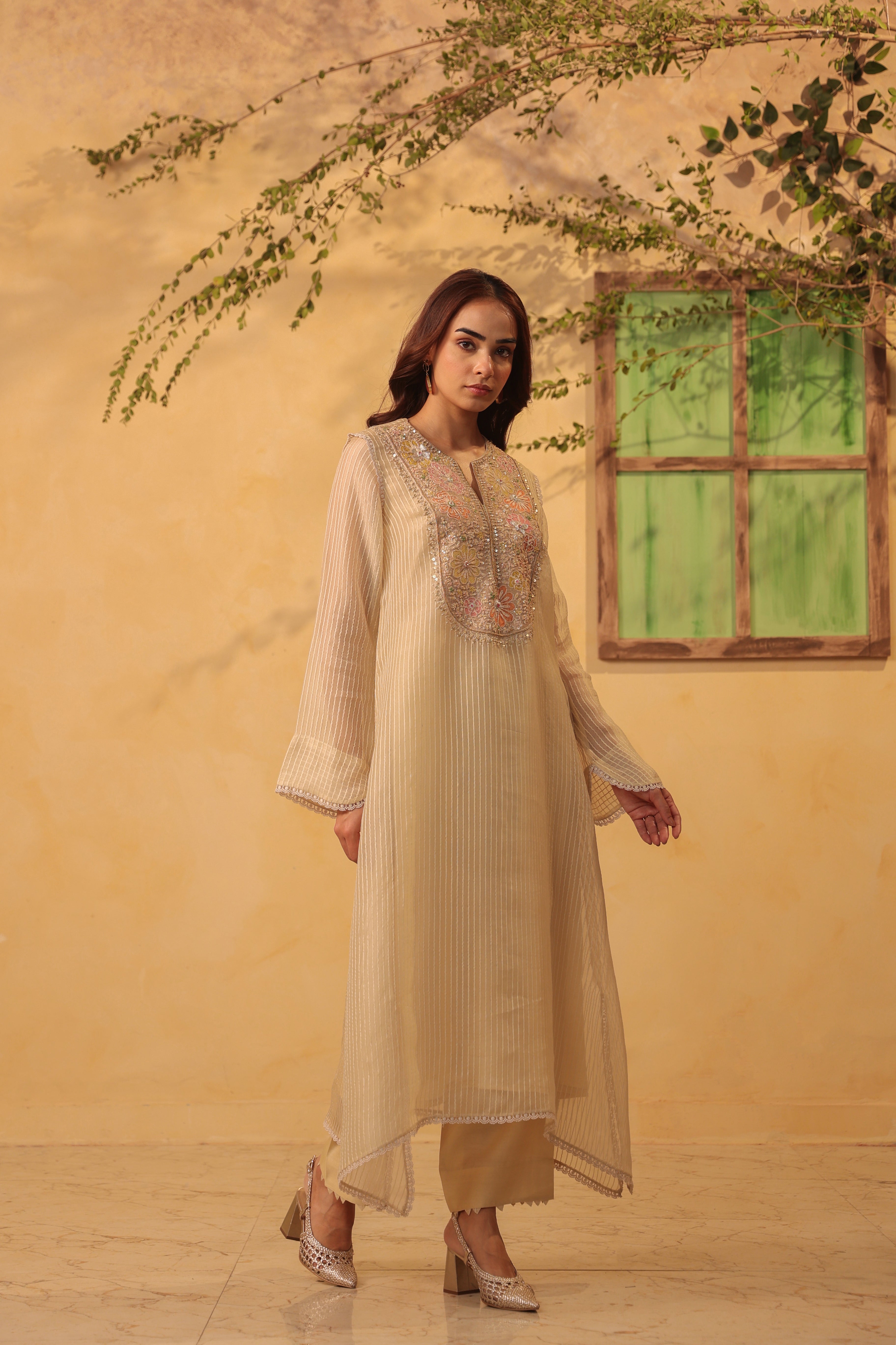 Vaayu Beige Applique Yoke Kurta Set