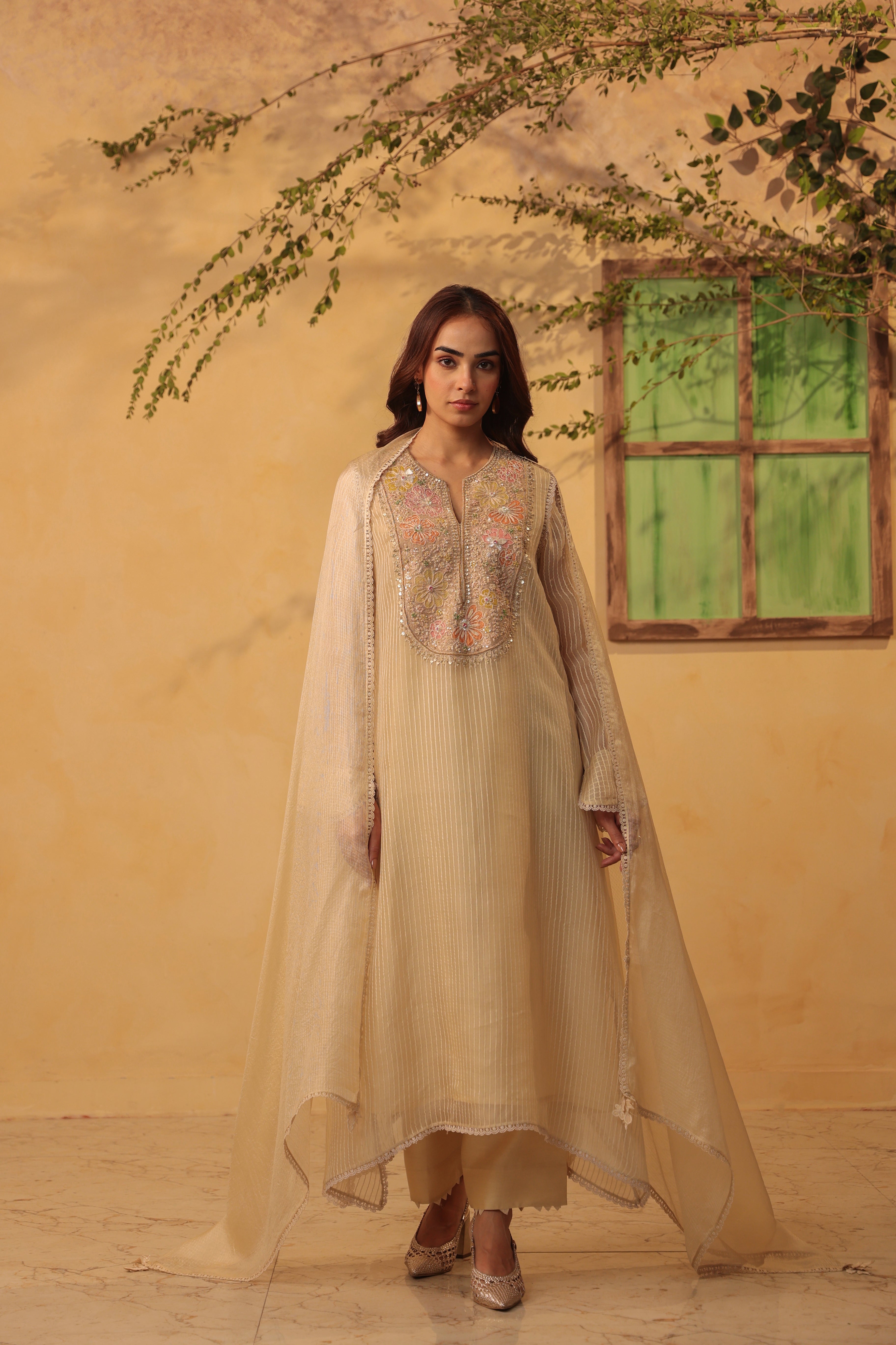 Vaayu Beige Applique Yoke Kurta Set