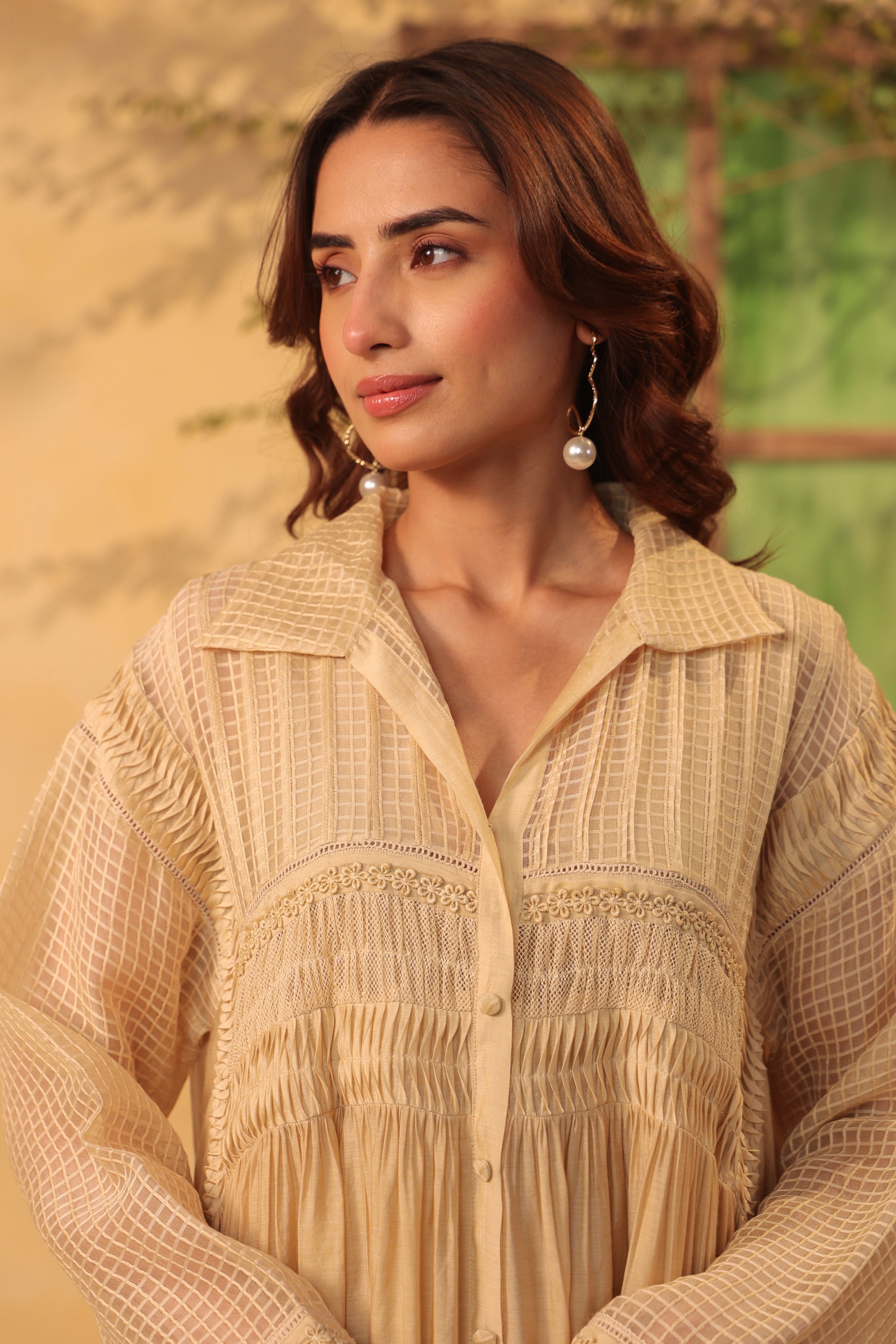 Vaayu Beige Pintuck Collar Kurta Set