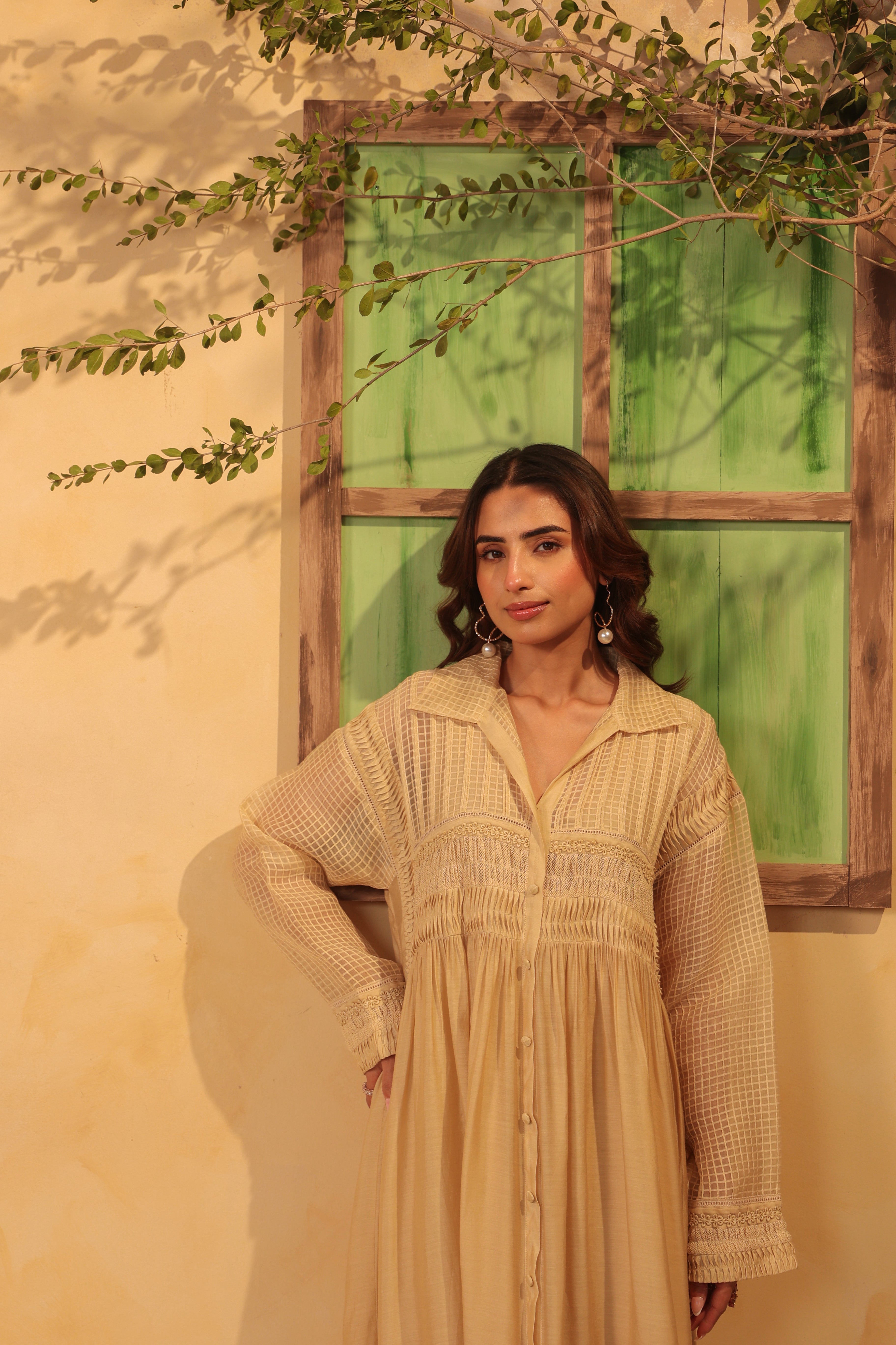 Vaayu Beige Pintuck Collar Kurta Set