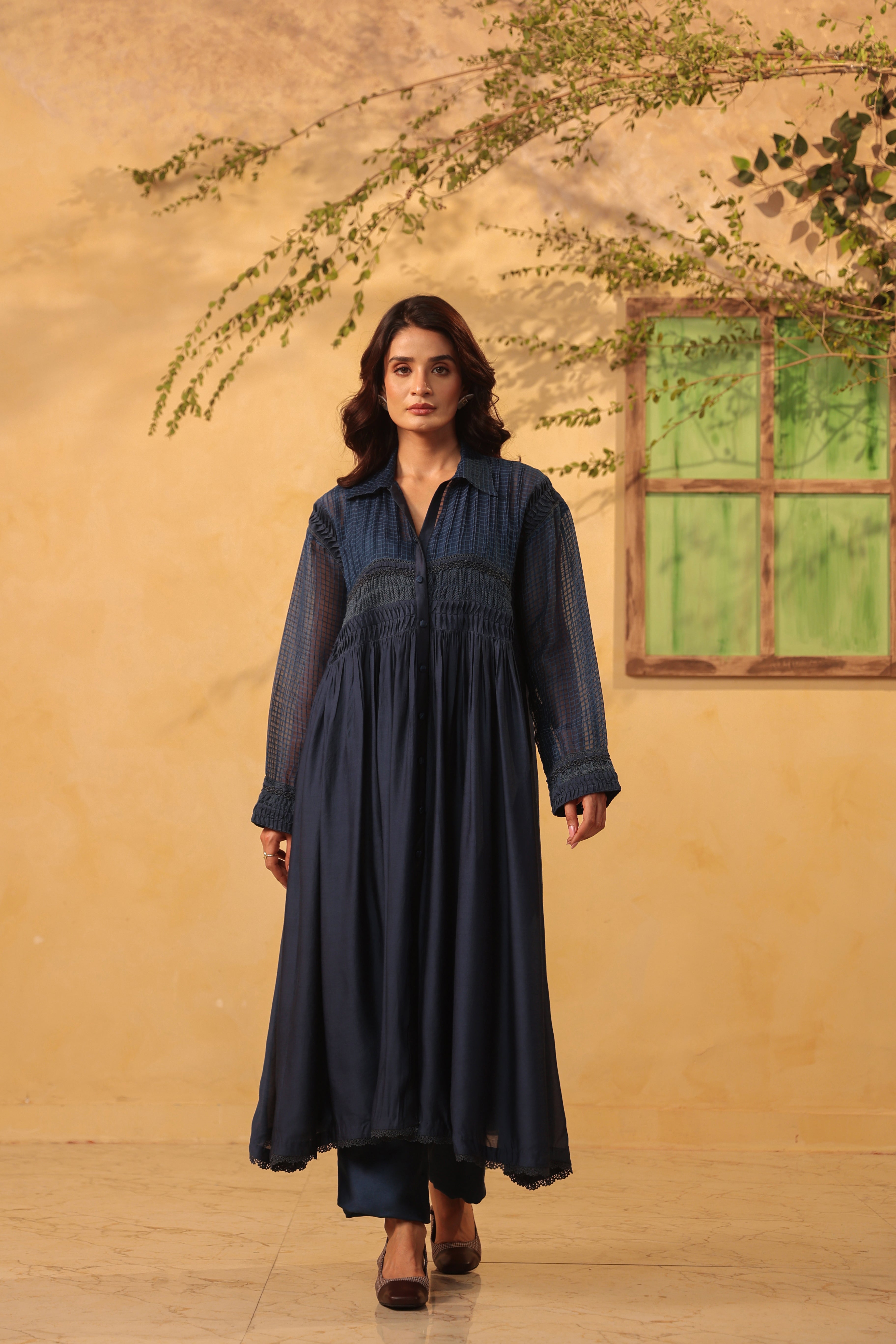 Vaayu Dark Blue Pintuck Collar Kurta Set