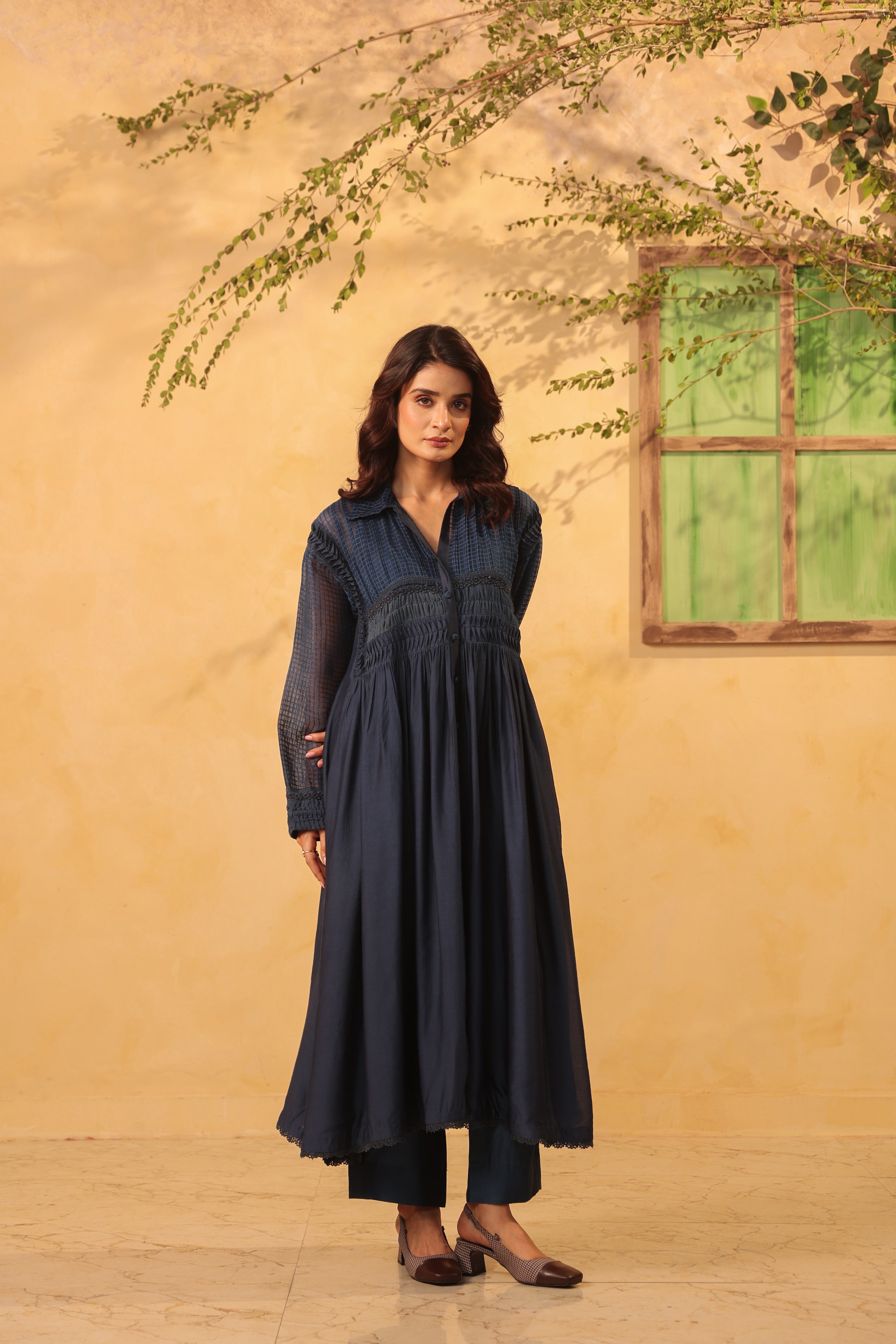 Vaayu Dark Blue Pintuck Collar Kurta Set