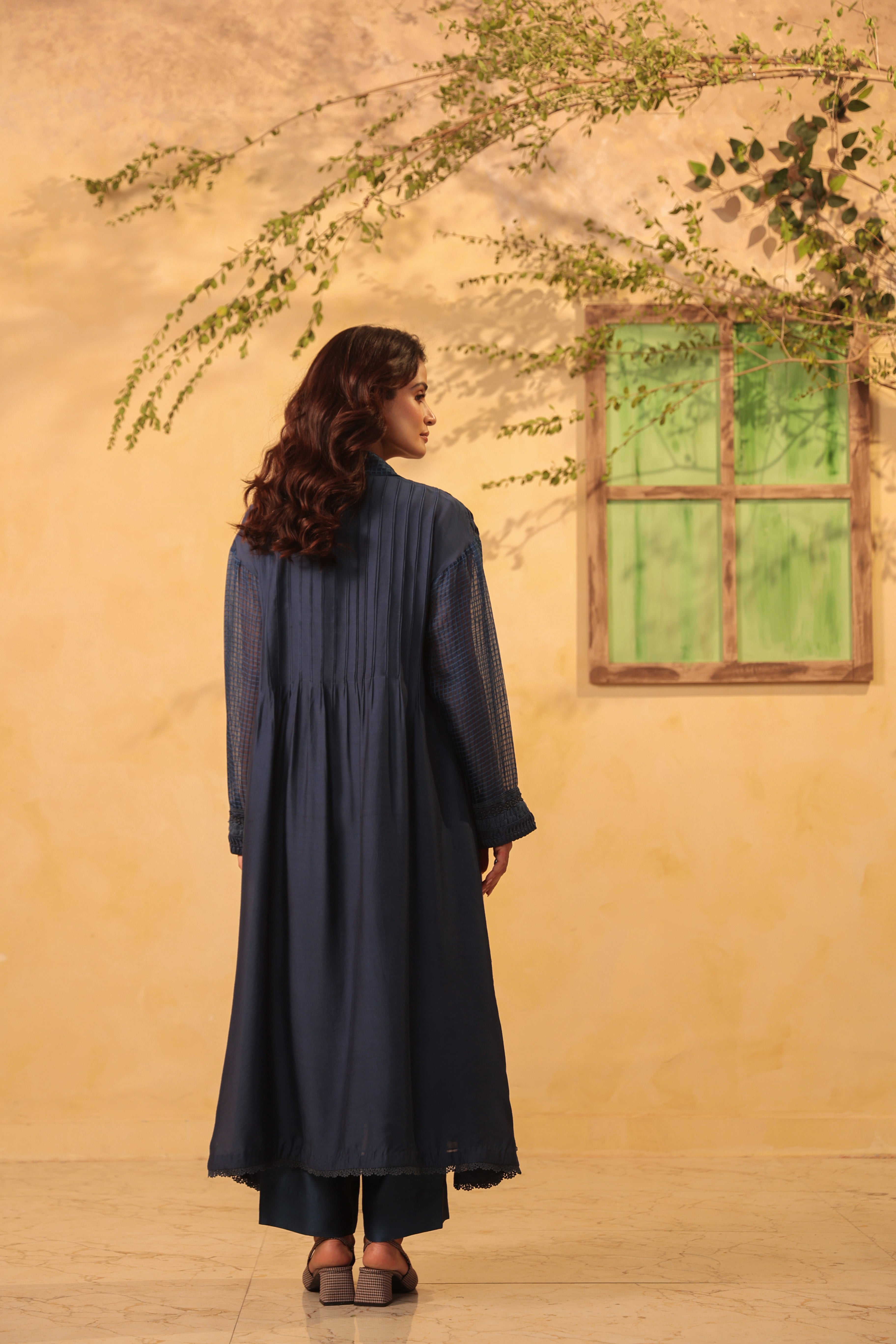 Vaayu Dark Blue Pintuck Collar Kurta Set