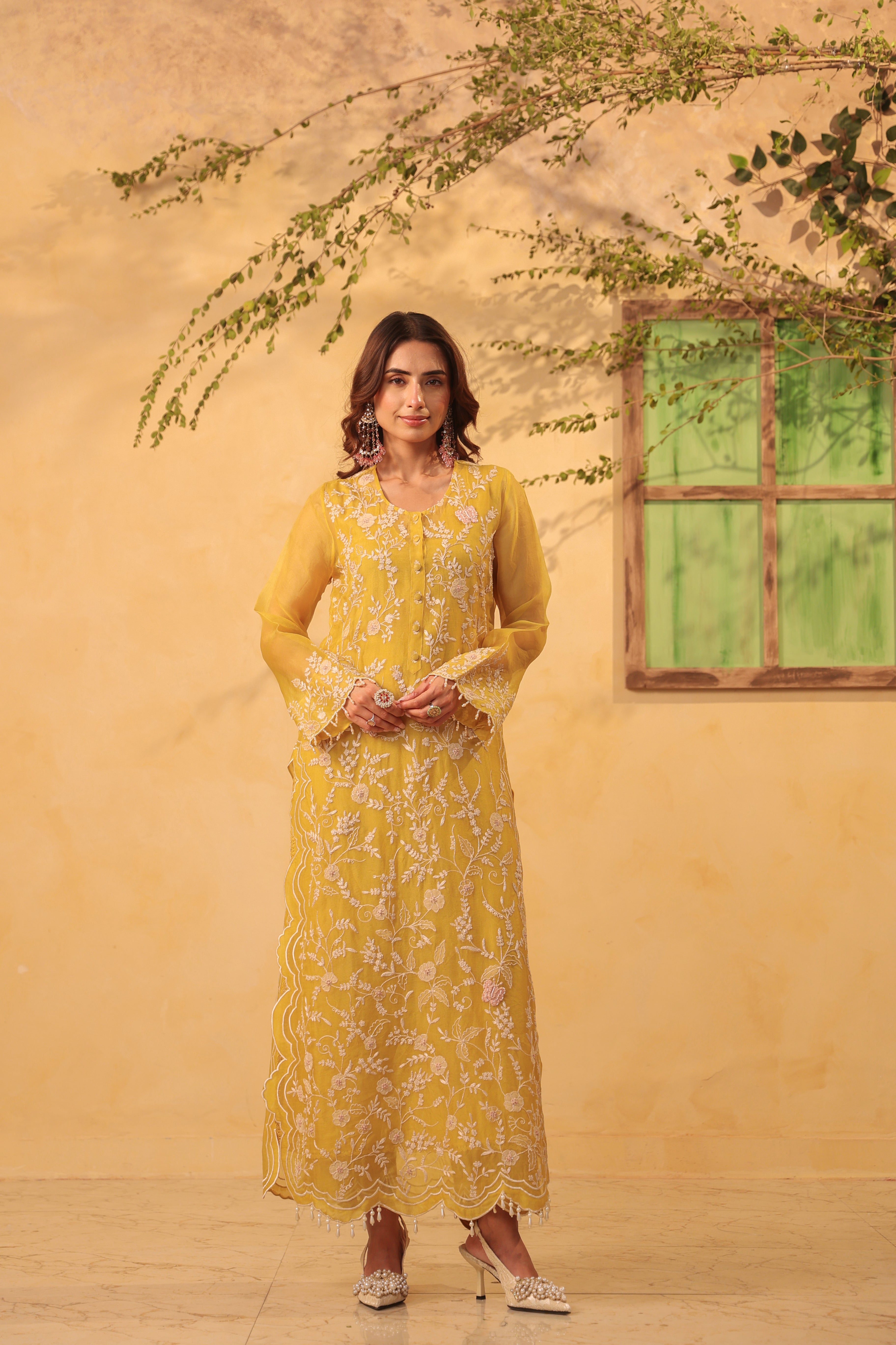Vaayu Yellow Heavy Jaal Scallop Kurta Set