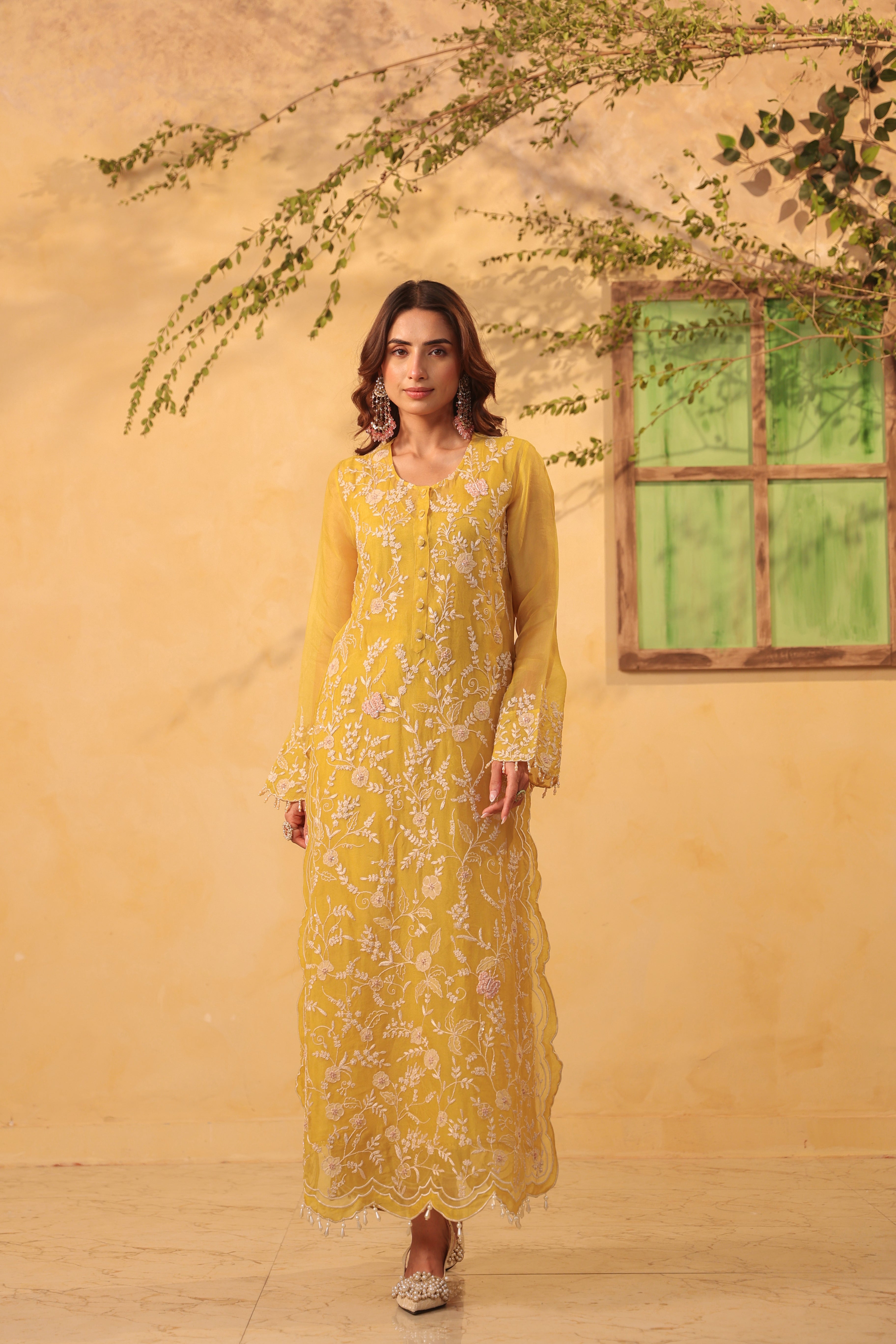Vaayu Yellow Heavy Jaal Scallop Kurta Set