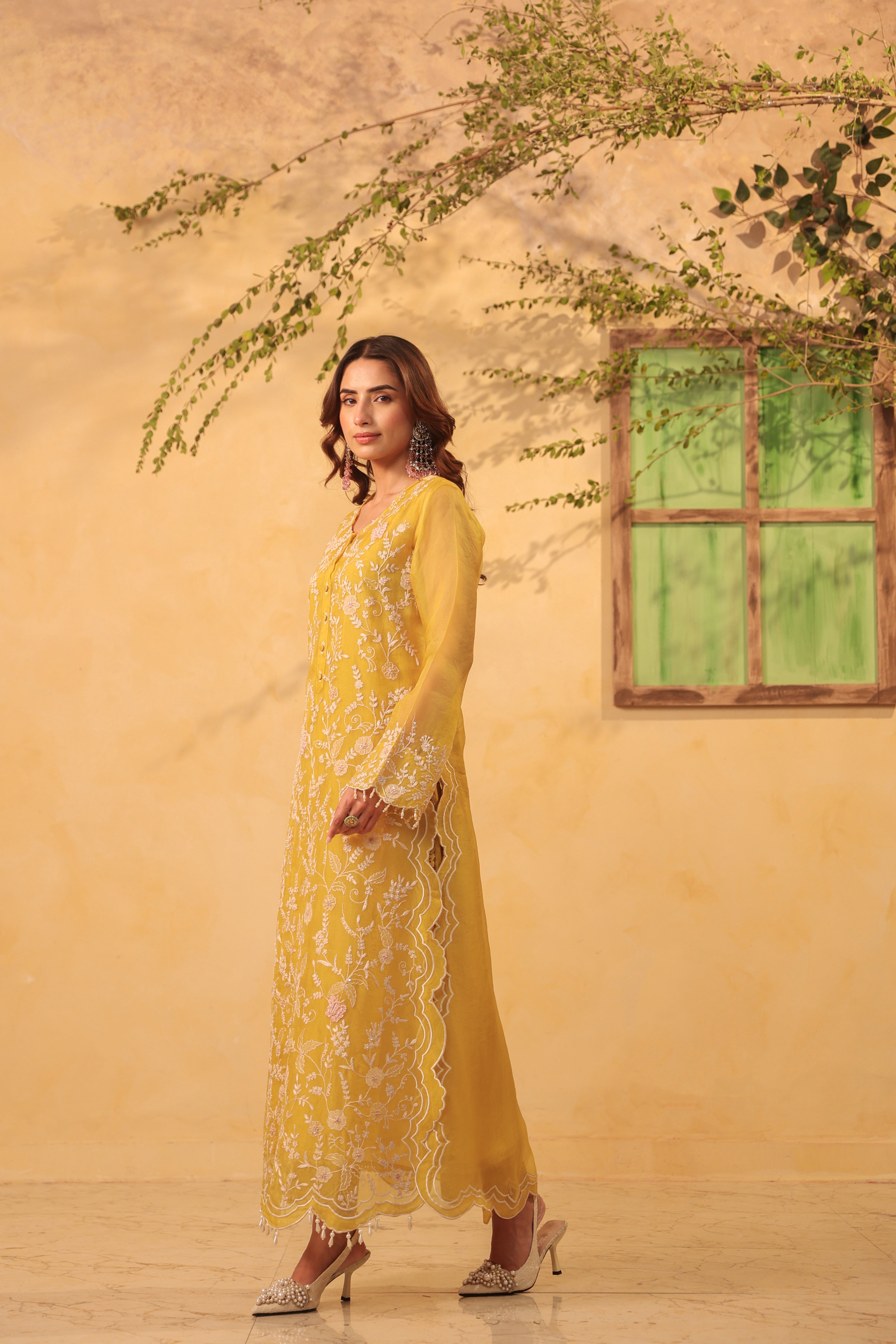 Vaayu Yellow Heavy Jaal Scallop Kurta Set