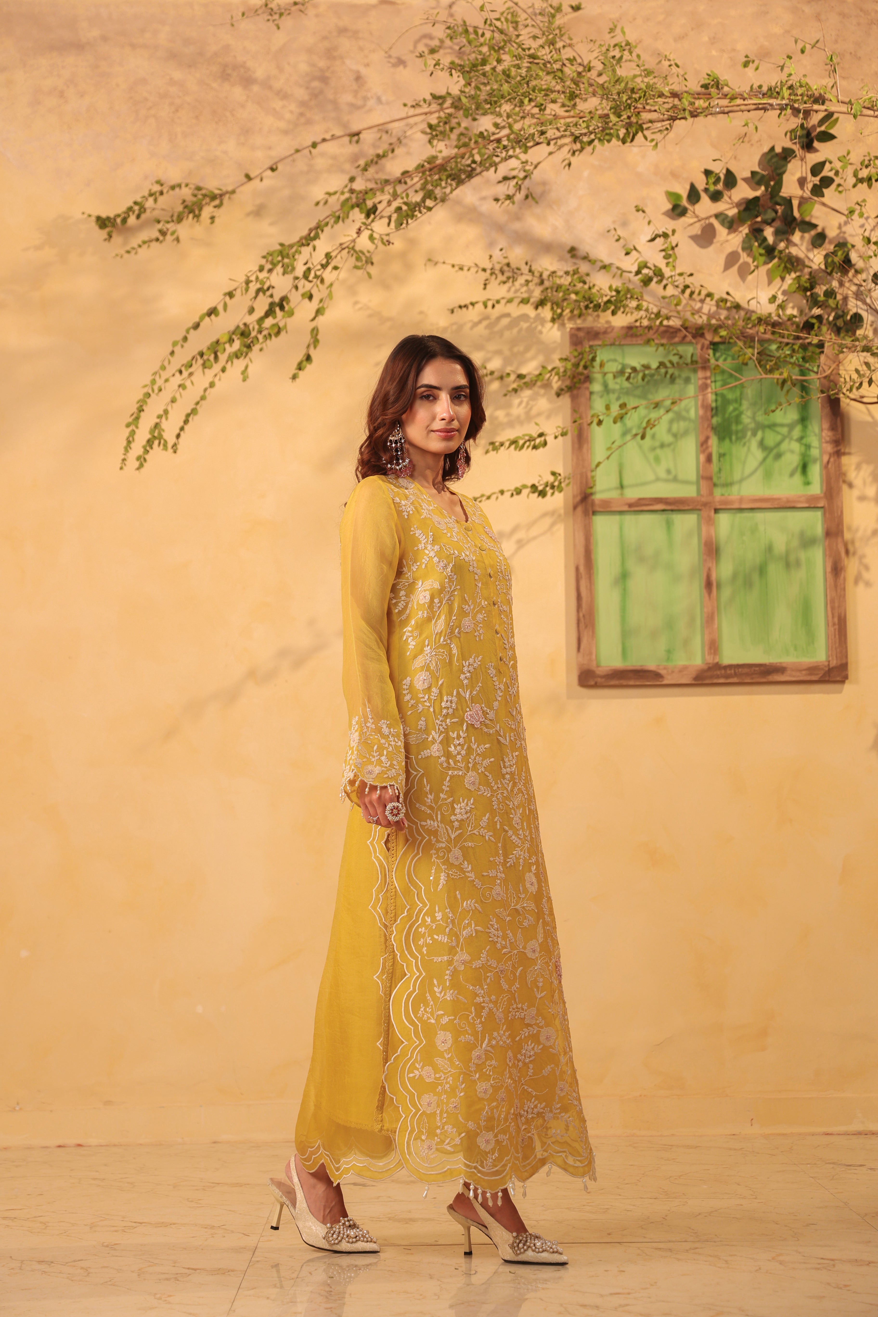 Vaayu Yellow Heavy Jaal Scallop Kurta Set
