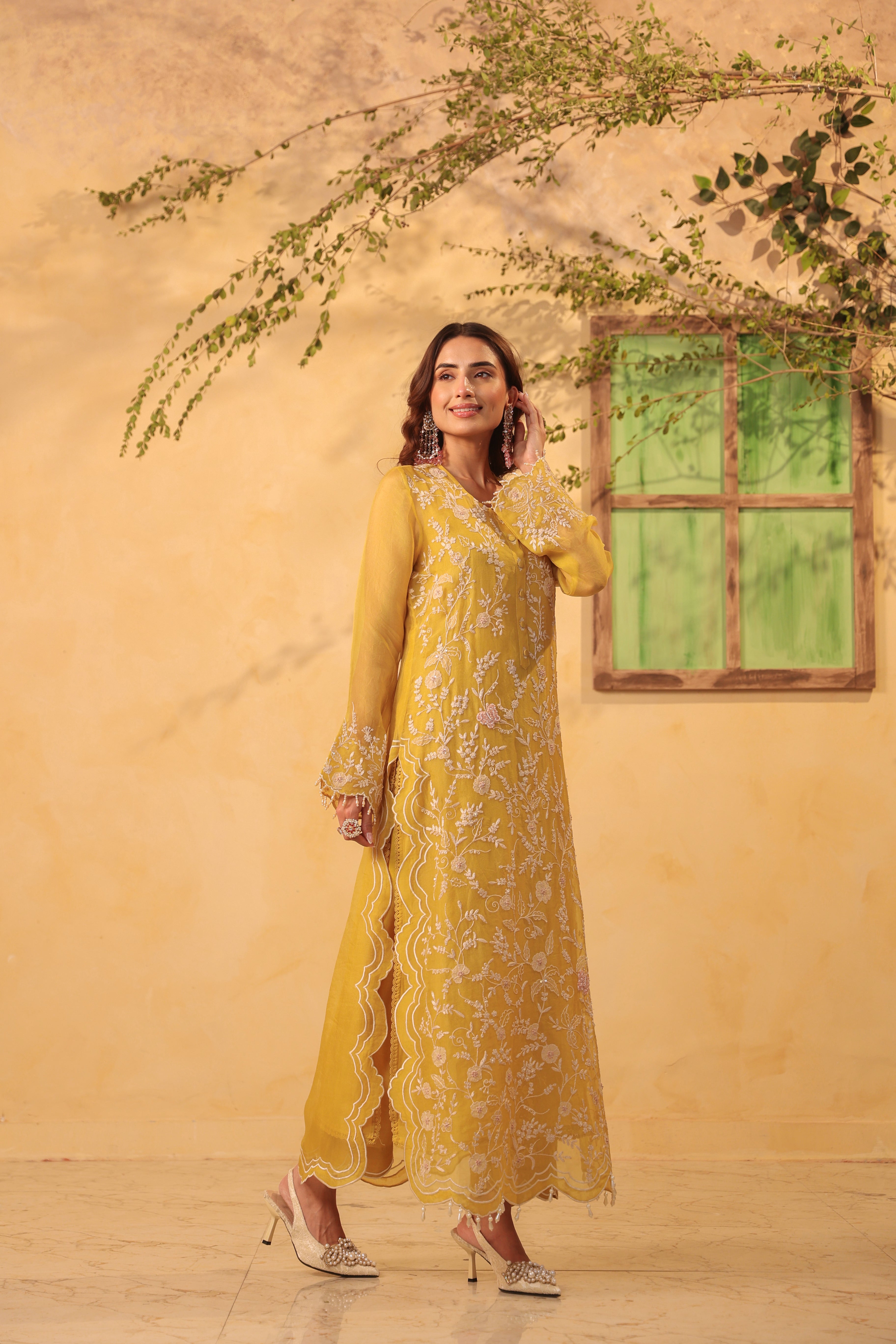 Vaayu Yellow Heavy Jaal Scallop Kurta Set