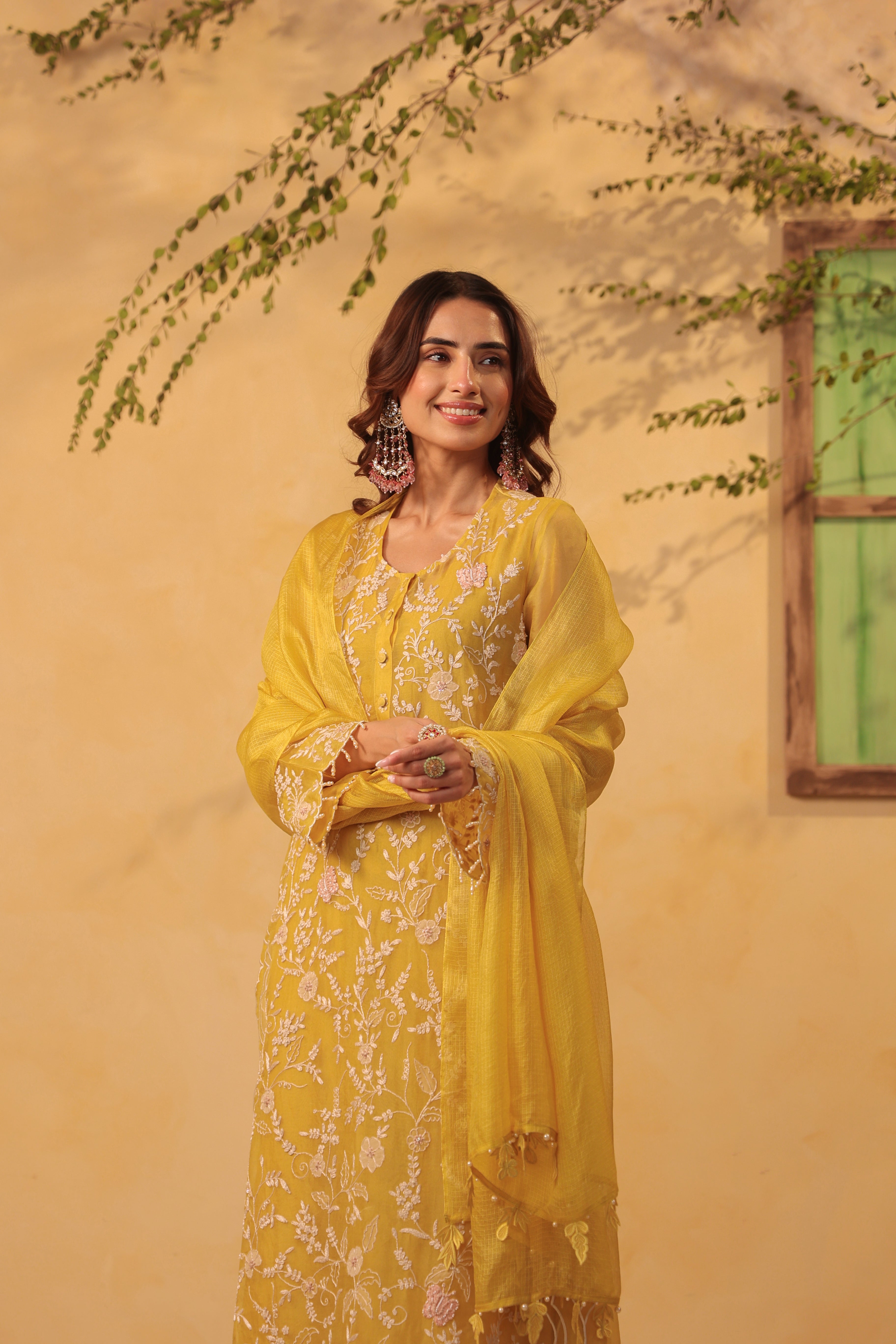 Vaayu Yellow Heavy Jaal Scallop Kurta Set