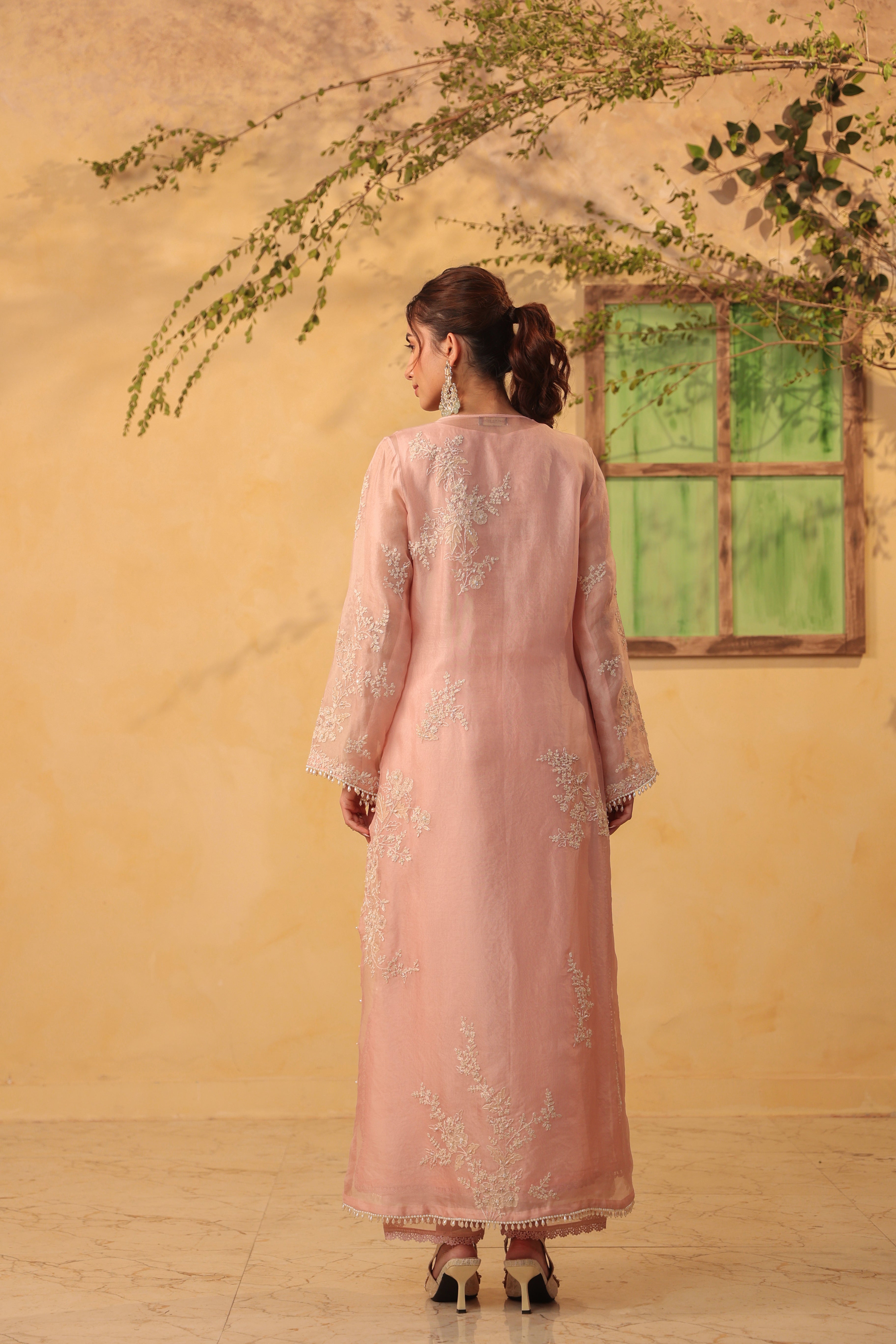 Vaayu Light Pink jaal straight kurta Set