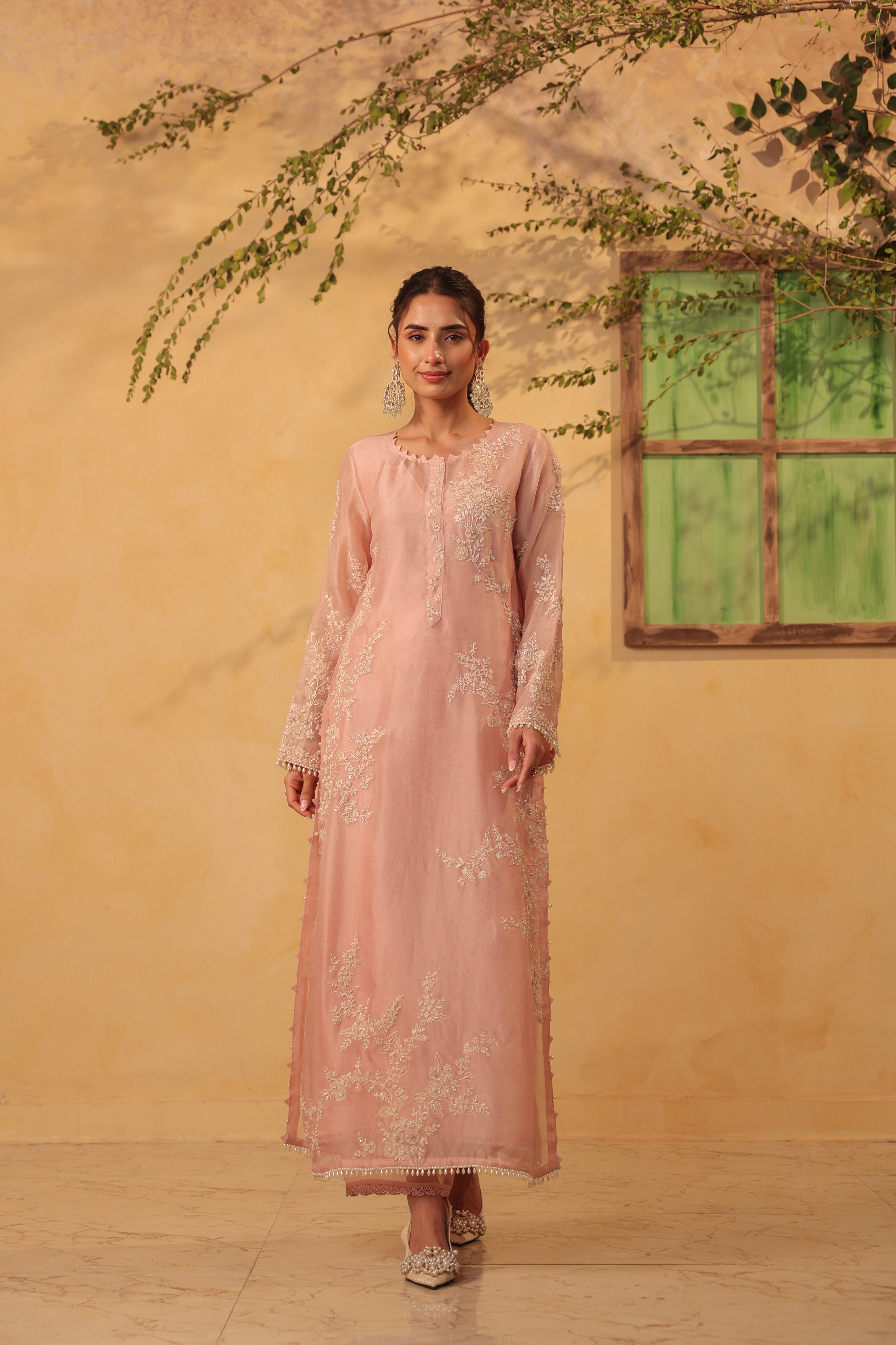Vaayu Light Pink jaal straight kurta Set