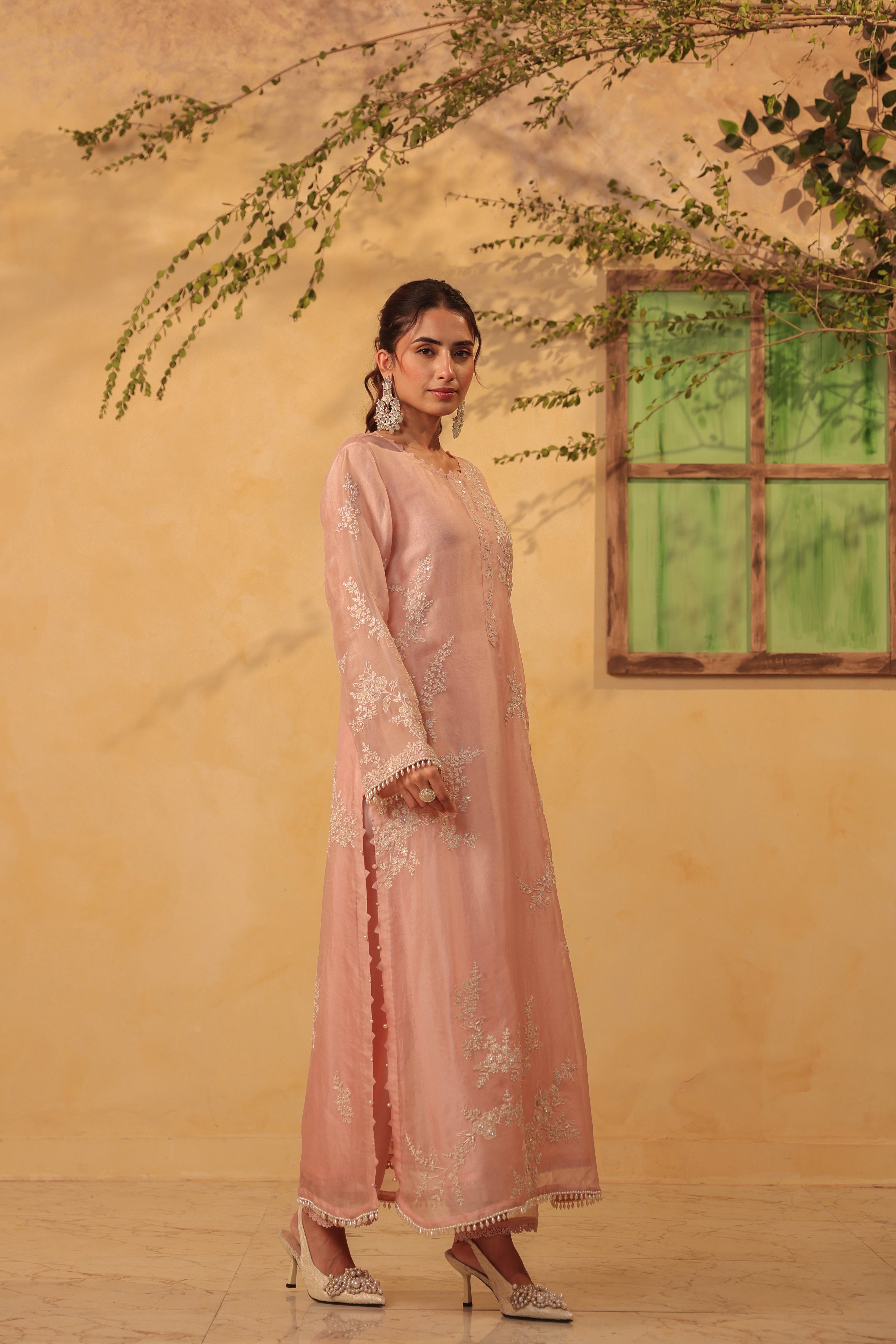 Vaayu Light Pink jaal straight kurta Set