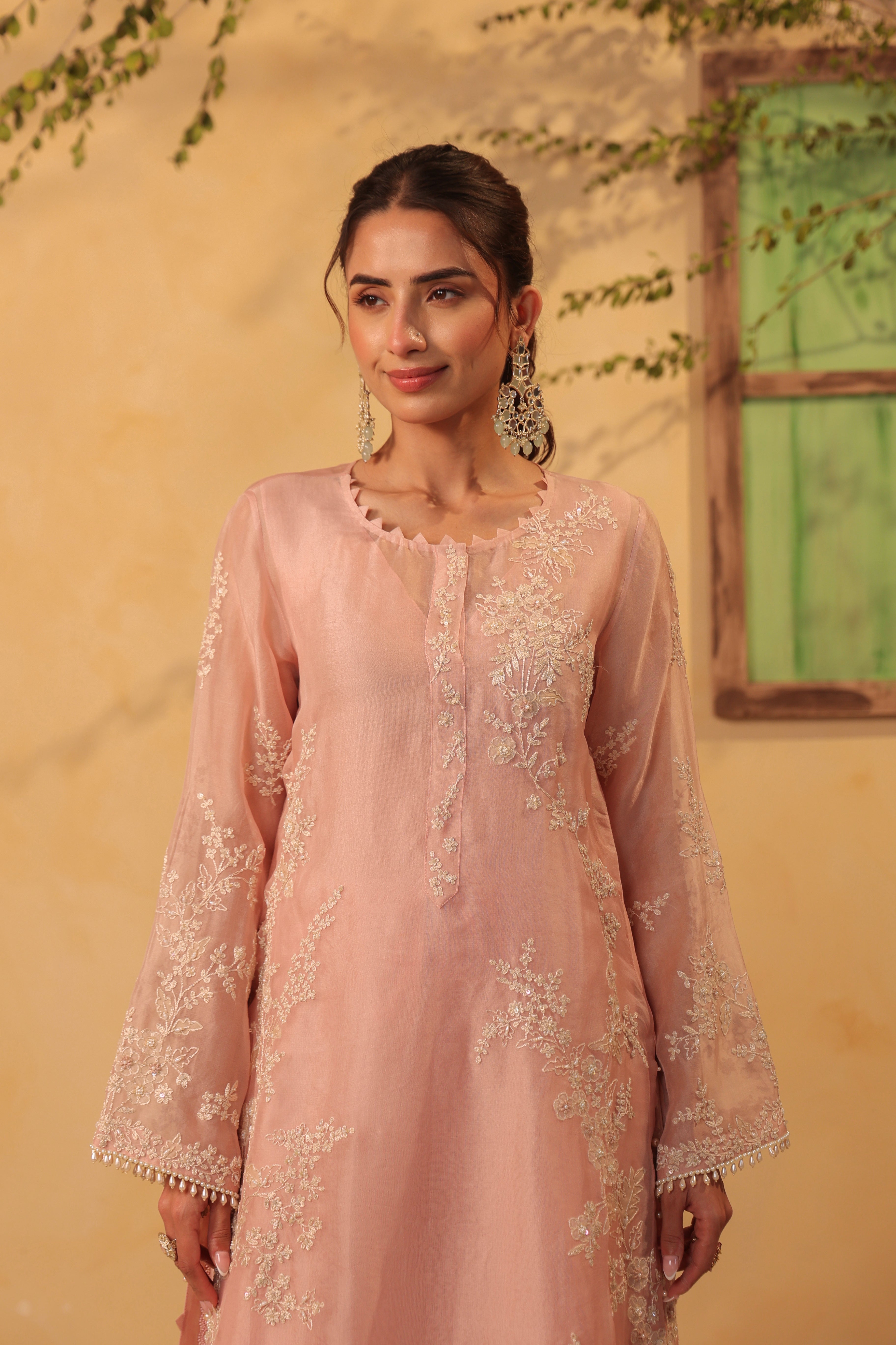 Vaayu Light Pink jaal straight kurta Set