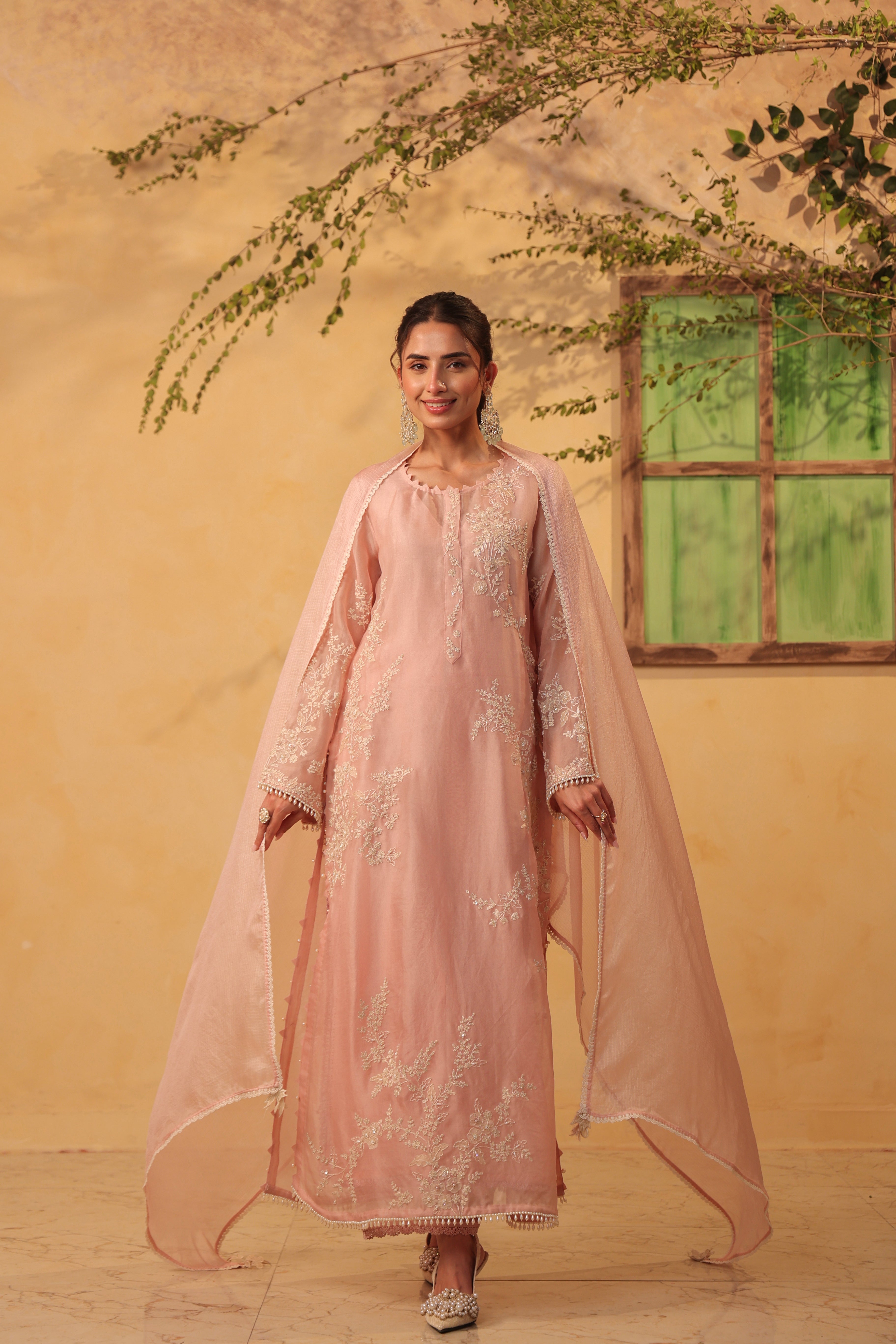 Vaayu Light Pink jaal straight kurta Set