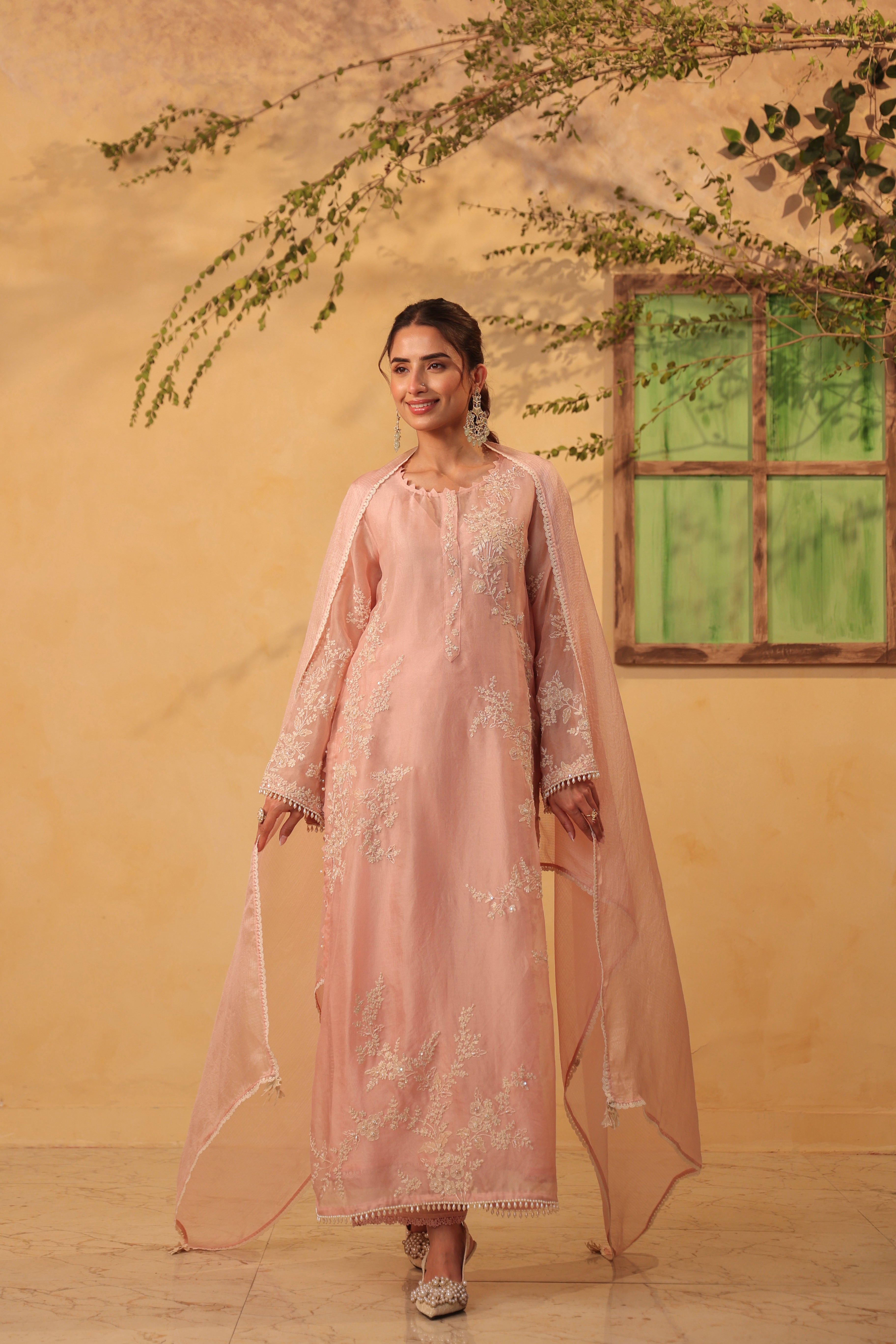 Vaayu Light Pink jaal straight kurta Set