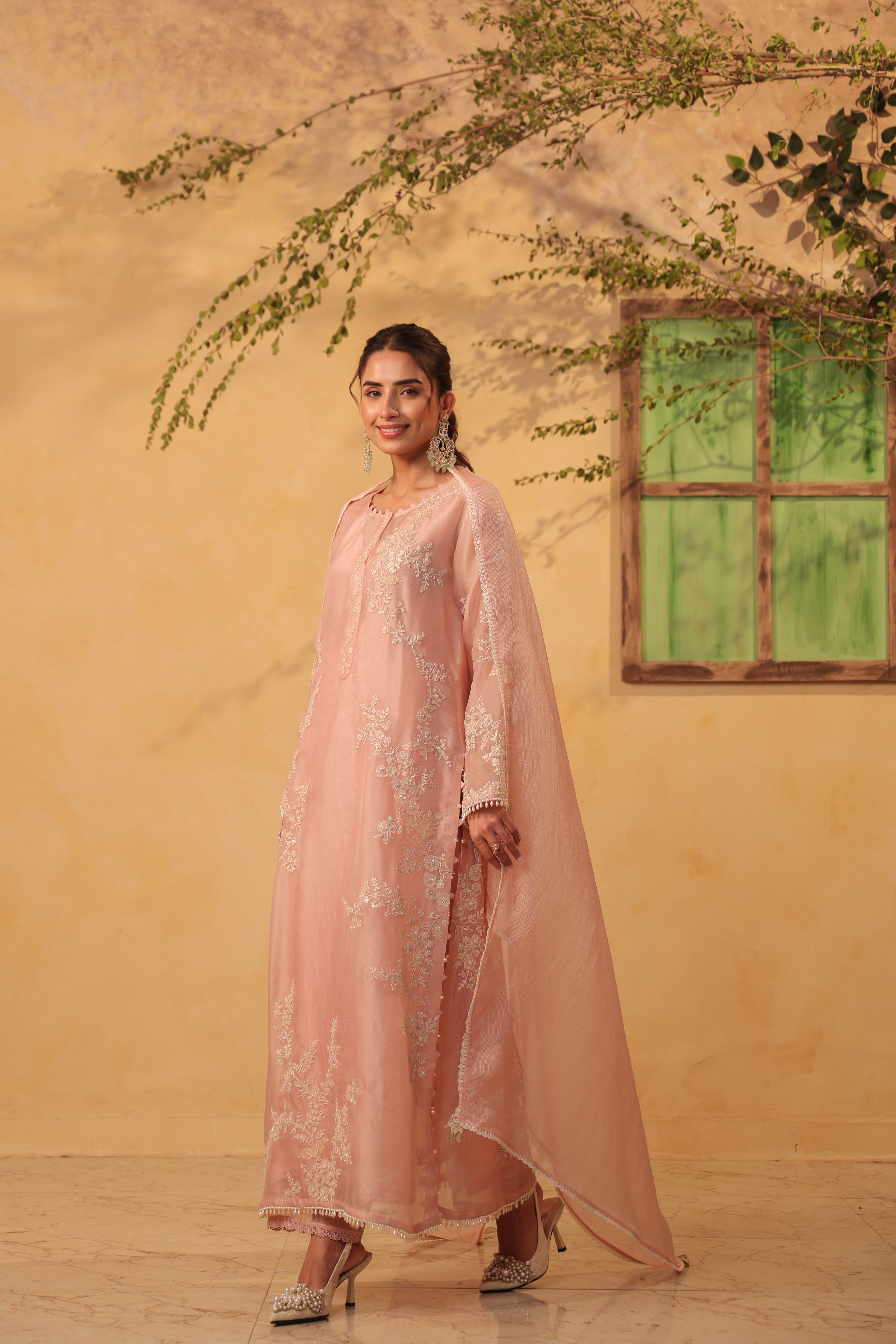 Vaayu Light Pink jaal straight kurta Set