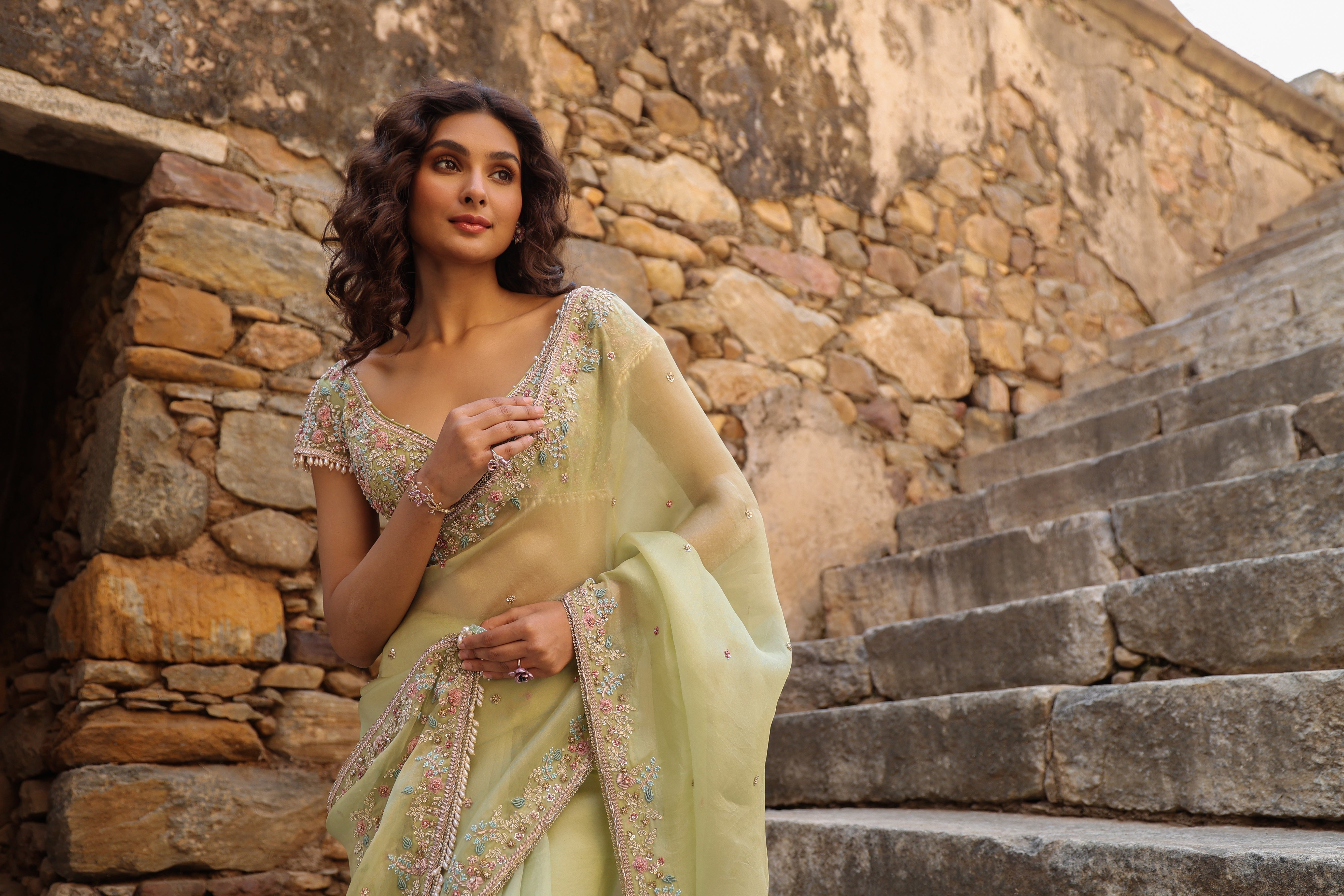 Vaayu Green Multicolor Border Saree Set