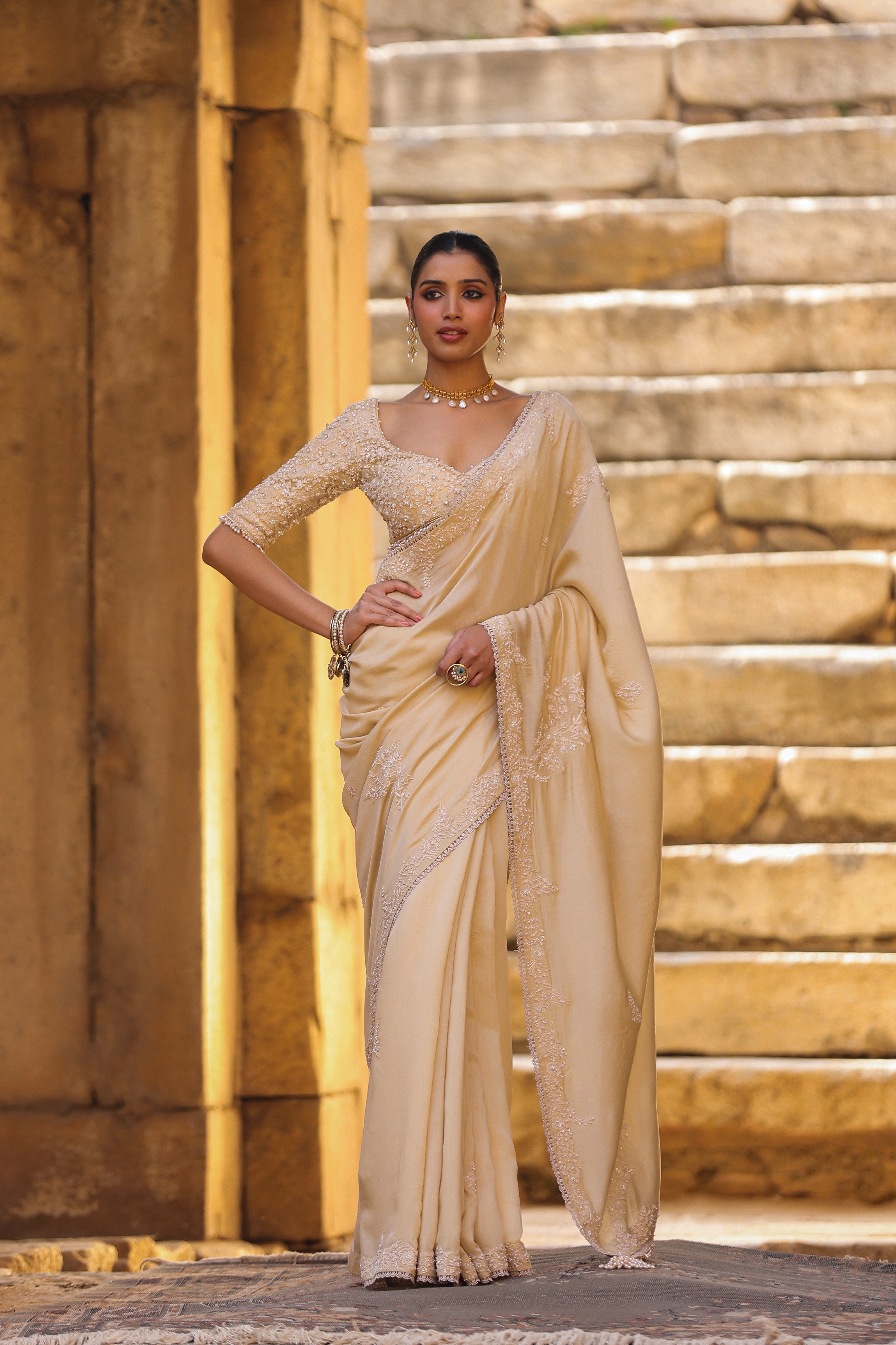Vaayu Beige Bail Buti Saree Set